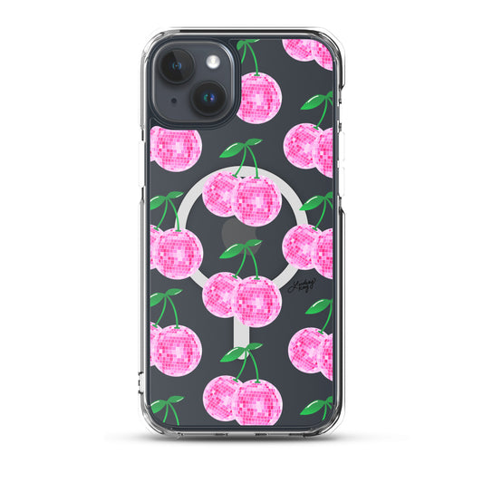 pink disco ball cherries patterned iphone magsafe case cover protective mobile accessories durable cute trendy retro girly preppy lindsey kay collective
