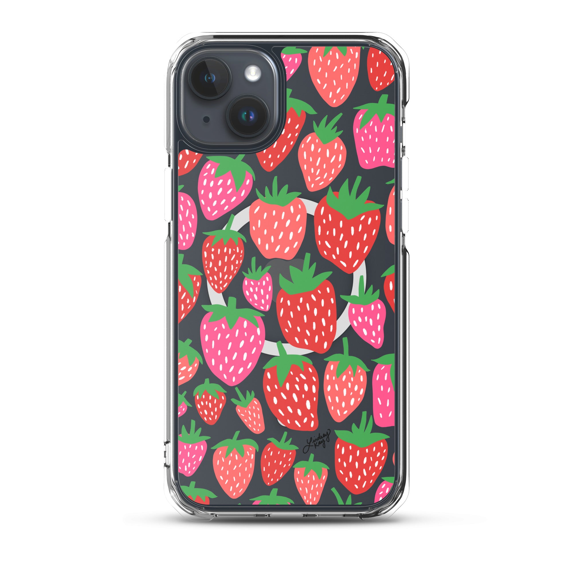 strawberries strawberry patterned iphone magsafe case cover protective mobile accessories durable cute trendy retro girly preppy lindsey kay collective fruit red pink