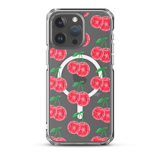 red disco ball cherries patterned iphone magsafe case cover protective mobile accessories durable cute trendy retro girly preppy lindsey kay collective
