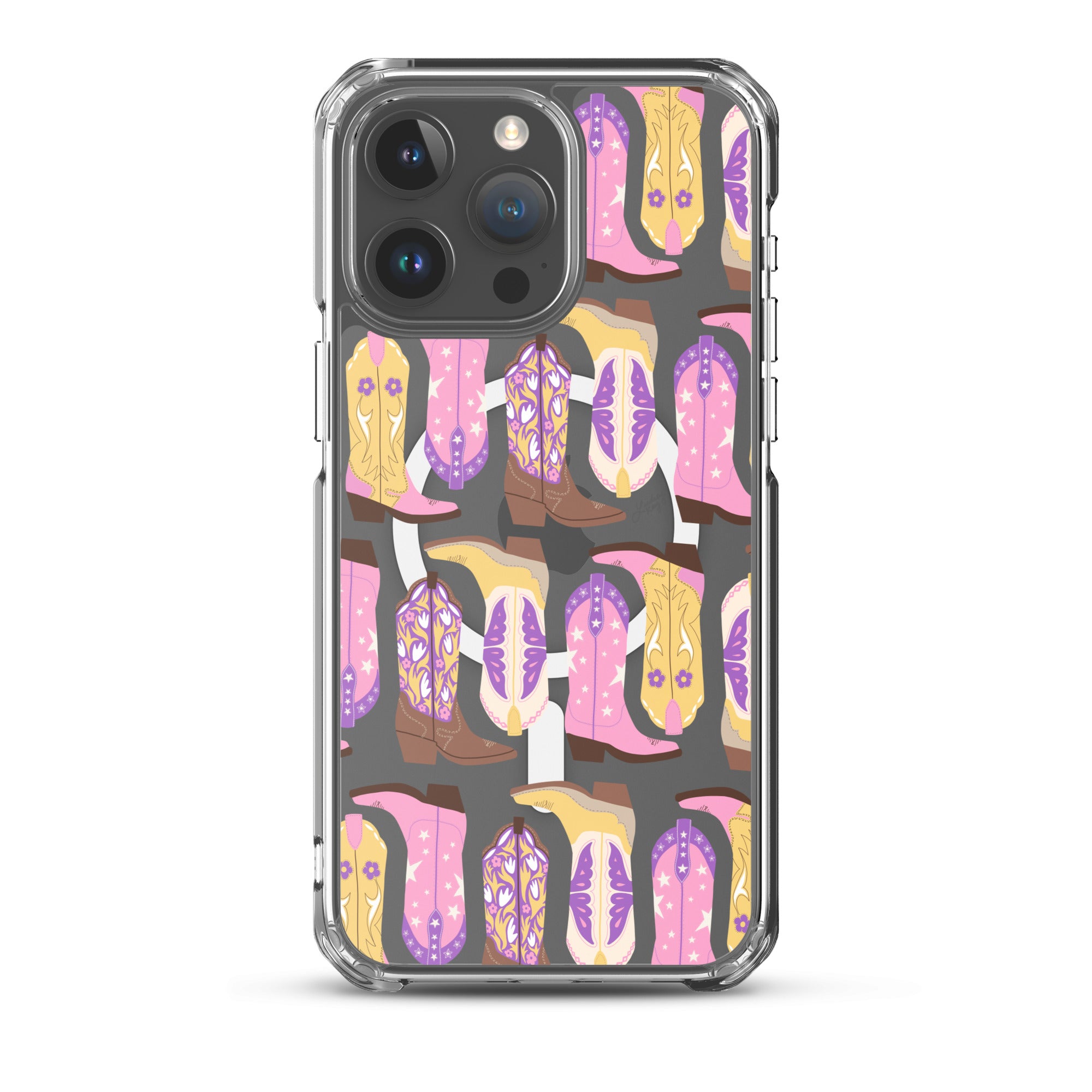 Pink purple yellow cowboy cowgirl boots illustration pattern iphone case magsafe clear durable phone-case cute trendy country texas sorority girly yeehaw floral lindsey kay collective