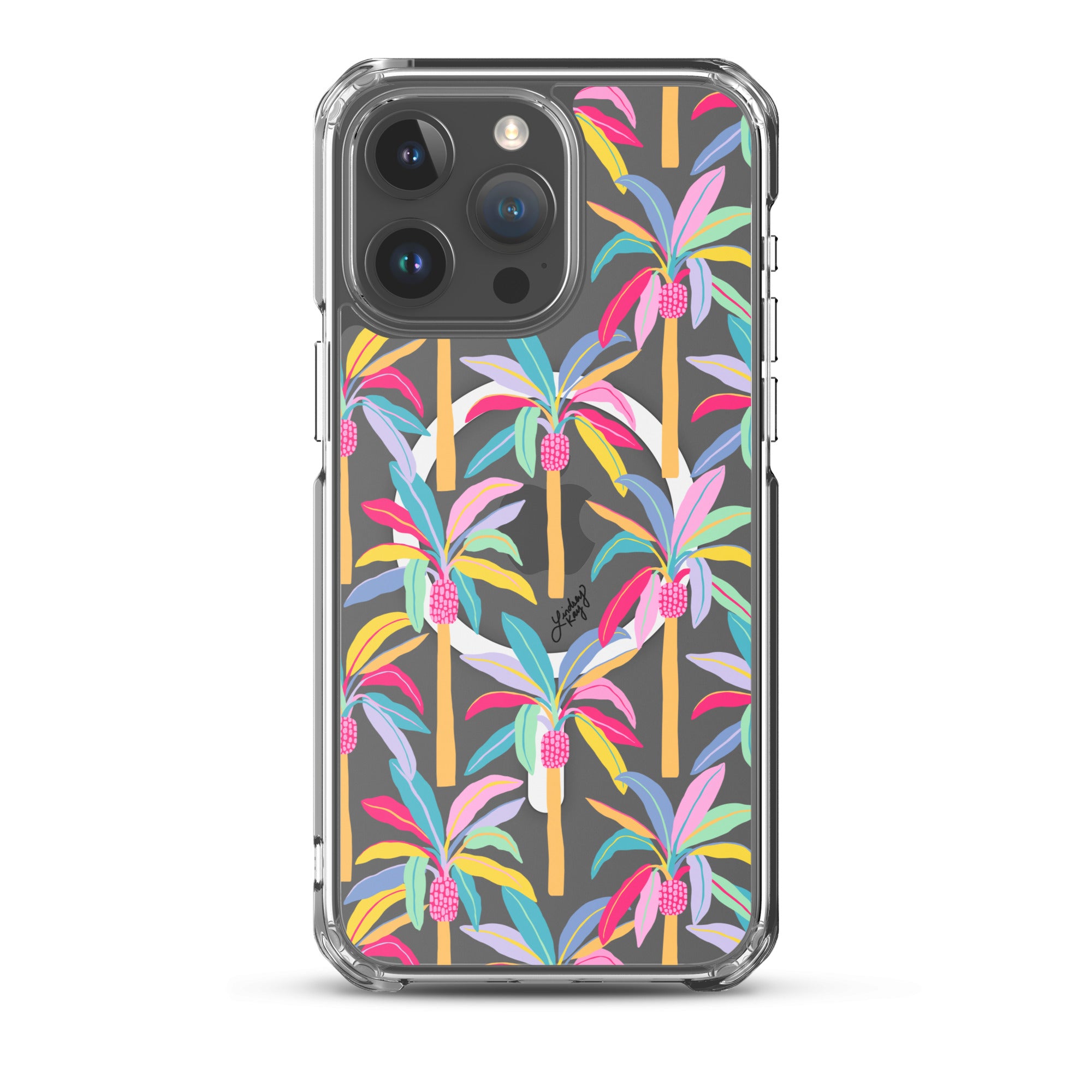 MagSafe iPhone case with colorful hand-illustrated palm tree pattern – tropical aesthetic protective phone case for beach lovers, summer style, and bold iPhone accessories