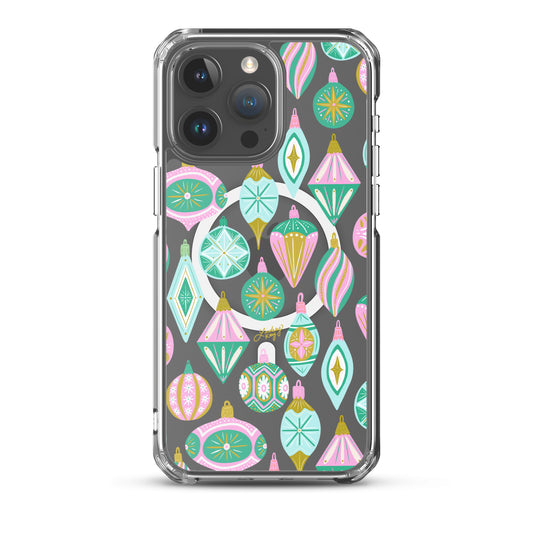 Hand-drawn retro Christmas ornament iPhone case in pastel green, pink, blue, and gold. Festive holiday phone case available in Clear, Tough, MagSafe Clear, and MagSafe Tough for iPhone 11 through iPhone 17. Durable, protective, and illustrated by Lindsey Kay Collective — female-owned small business, no AI used.