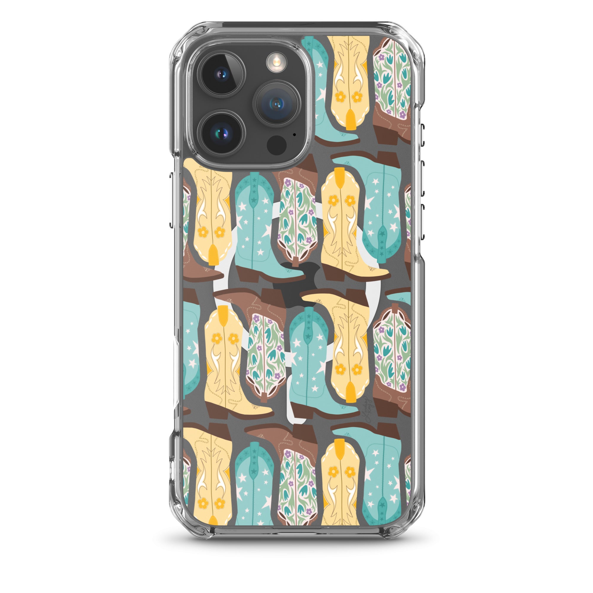 blue yellow cowboy cowgirl boots illustration pattern iphone case magsafe clear durable phone-case cute trendy country texas sorority girly yeehaw floral lindsey kay collective