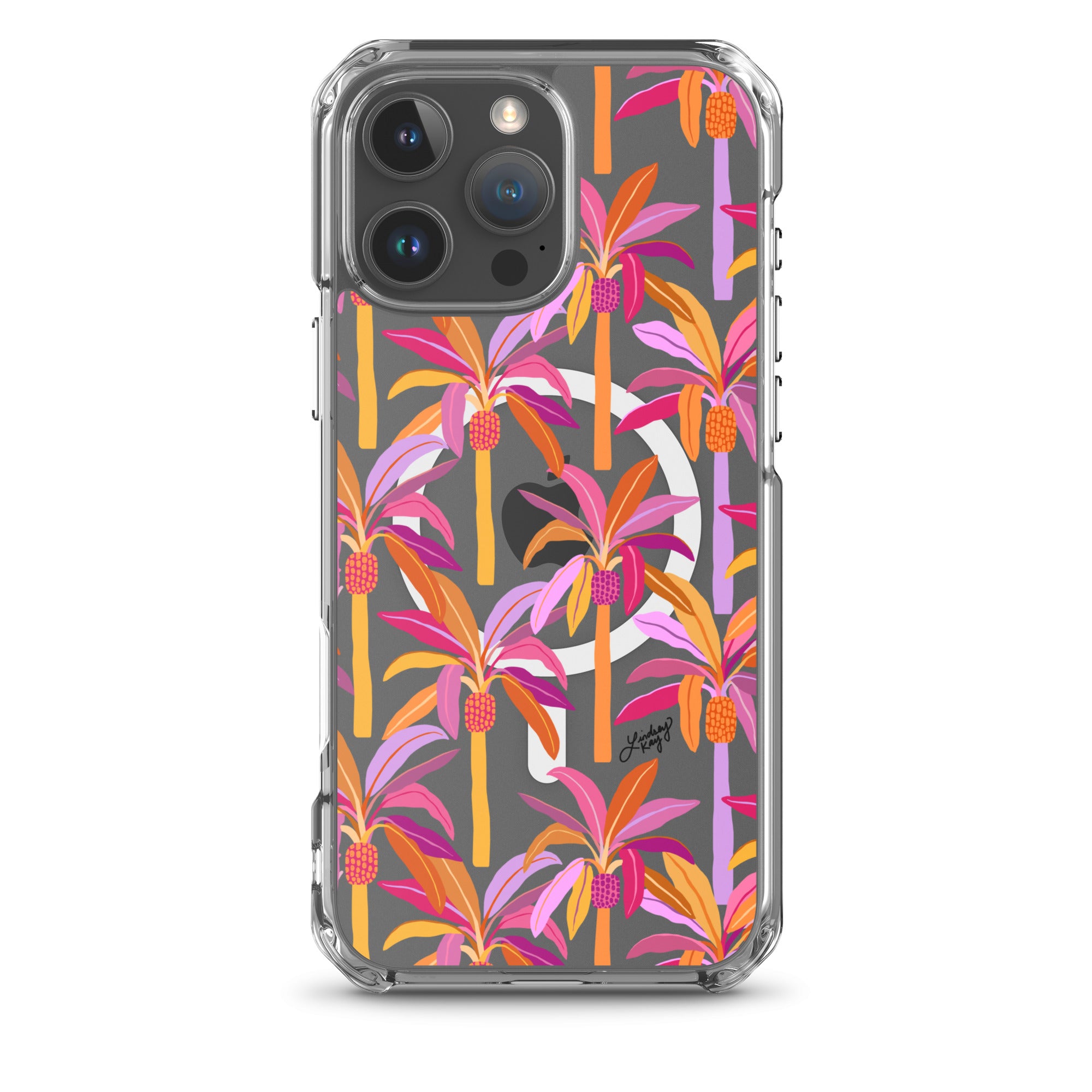Colorful hand-drawn tropical palm tree magsafe iphone case with pink, orange, and purple leaves on a dark background – fun, girly, vibrant design by Lindsey Kay Collective