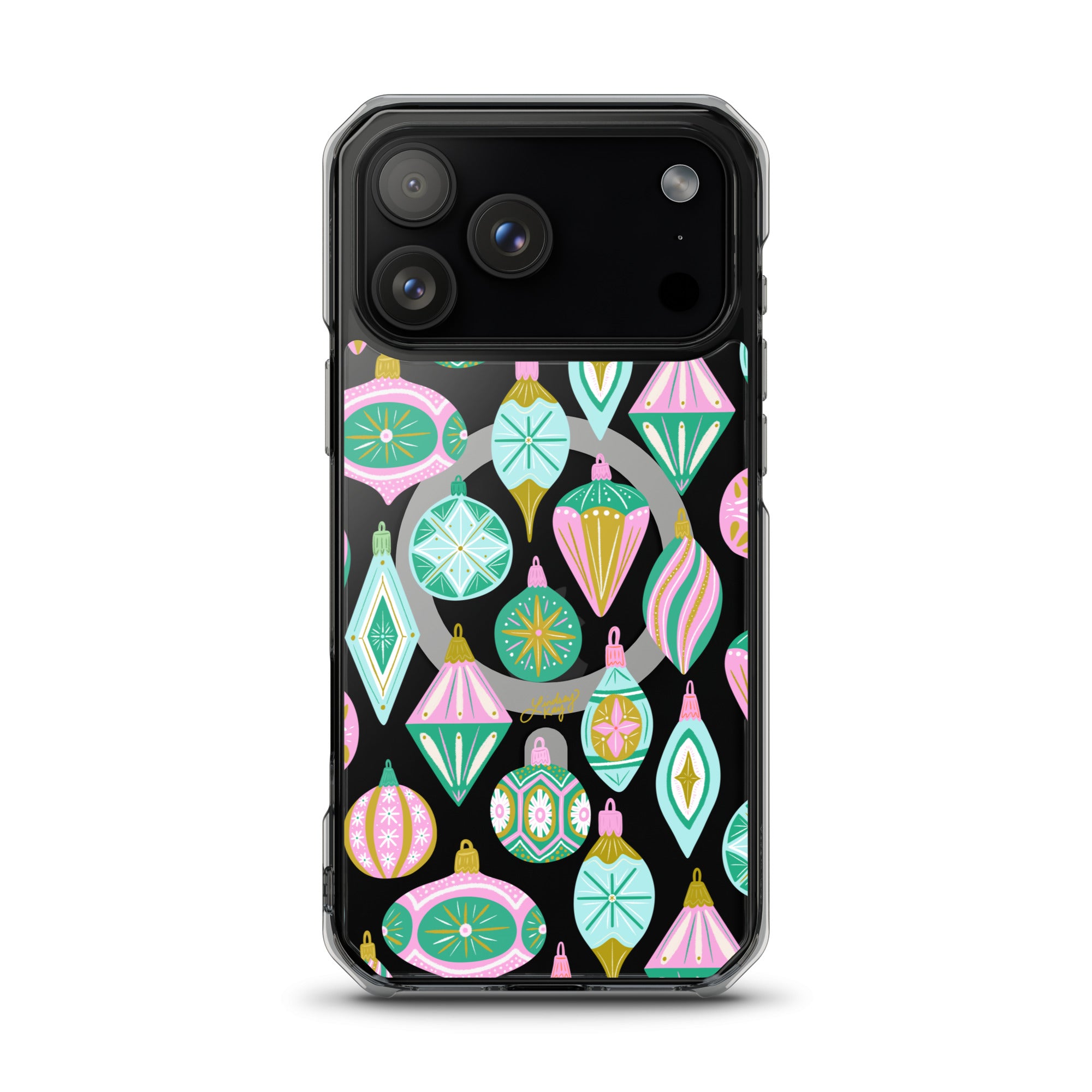Hand-drawn retro Christmas ornament iPhone case in pastel green, pink, blue, and gold. Festive holiday phone case available in Clear, Tough, MagSafe Clear, and MagSafe Tough for iPhone 11 through iPhone 17. Durable, protective, and illustrated by Lindsey Kay Collective — female-owned small business, no AI used.