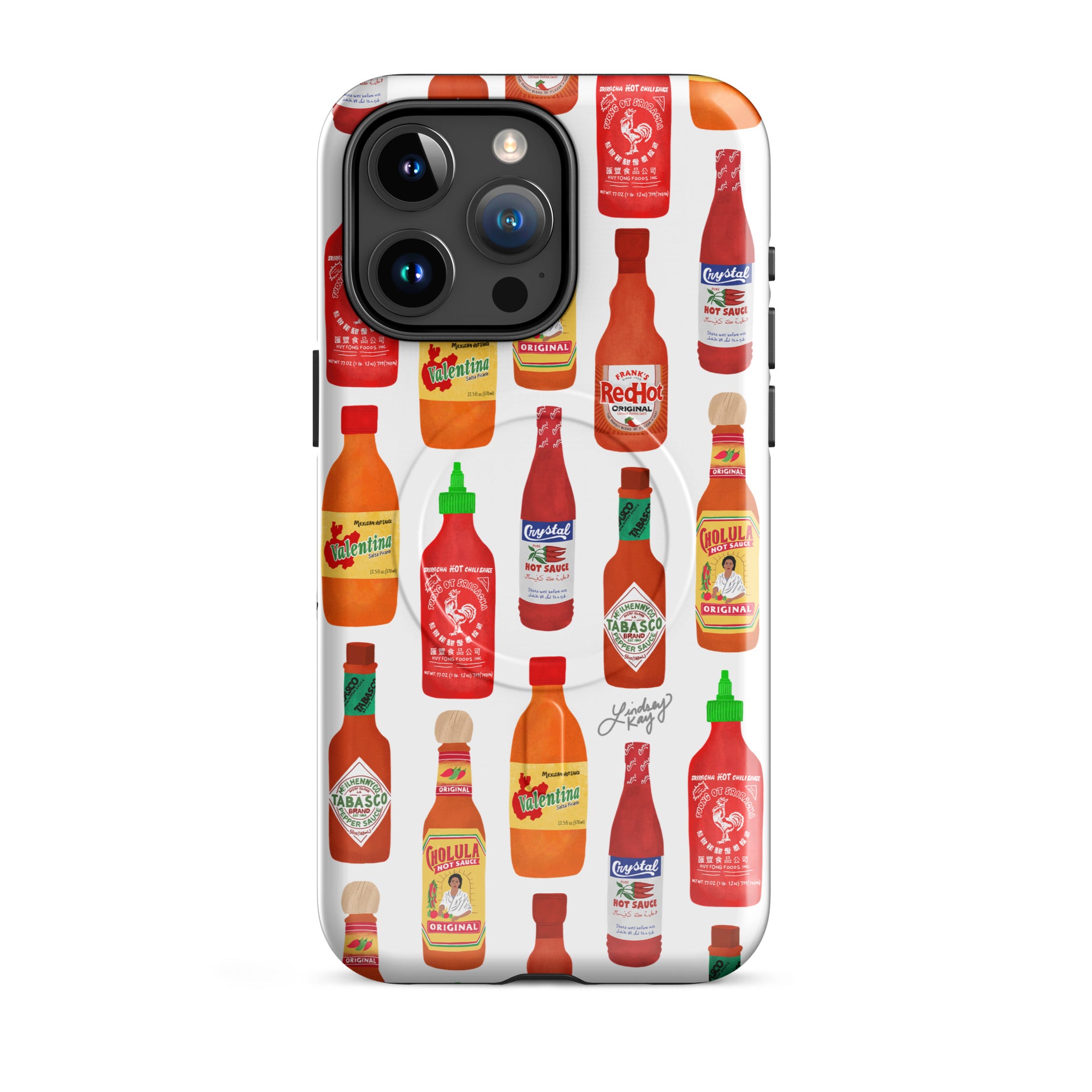 Hot sauce patterned magsafe iPhone case, phone case durable trendy cute gift, Lindsey Kay collective