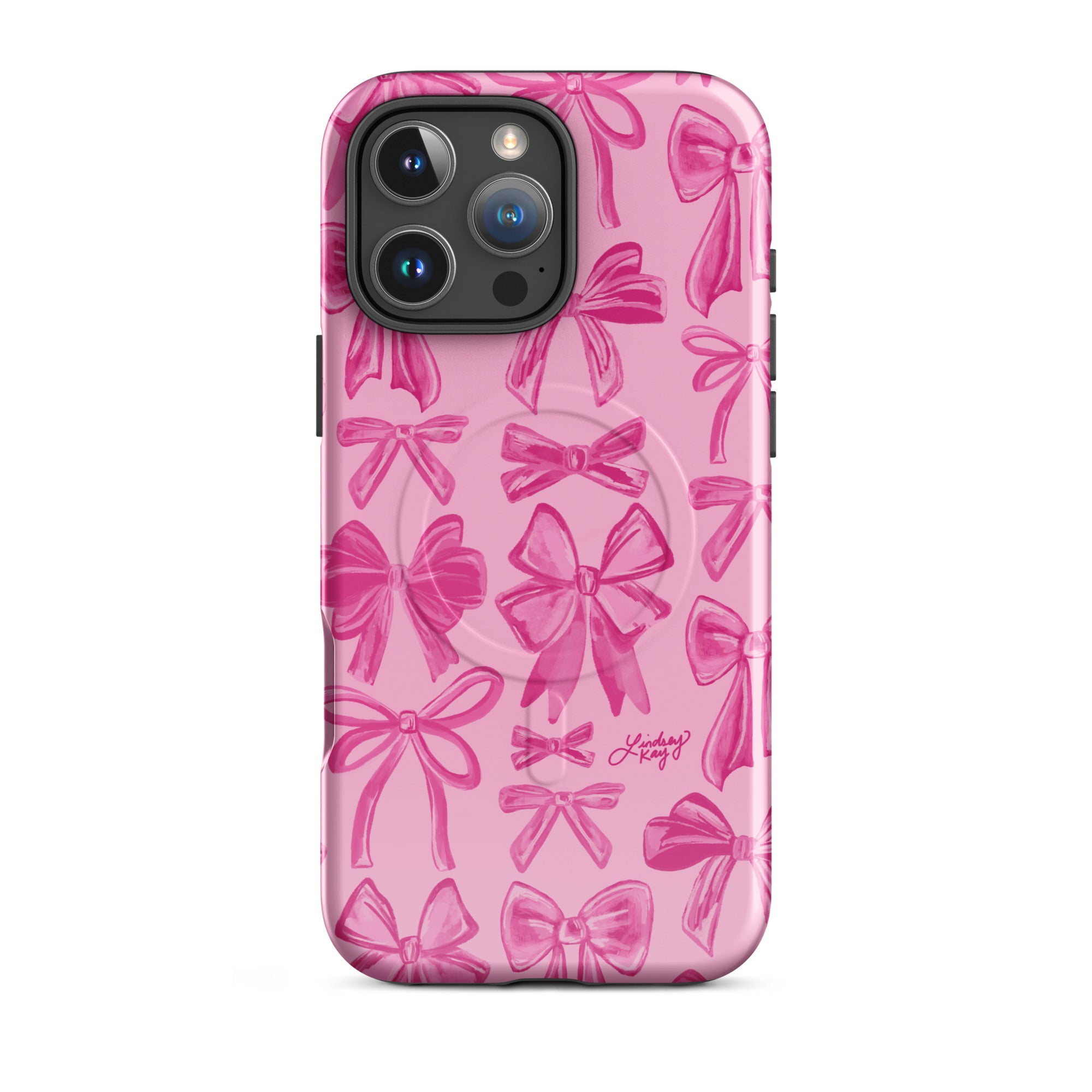 Pink ribbons illustration watercolor pattern cute coquette iphone magsafe case cover protective durable pretty trendy girly sorority lindsey kay collective 