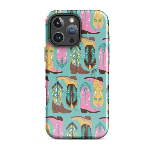 turquoise pink yellow cowgirl boots Magsafe Case tough phone case durable mobile accessories hand-drawn pattern lindsey kay collective trendy cute gift western colorful popular