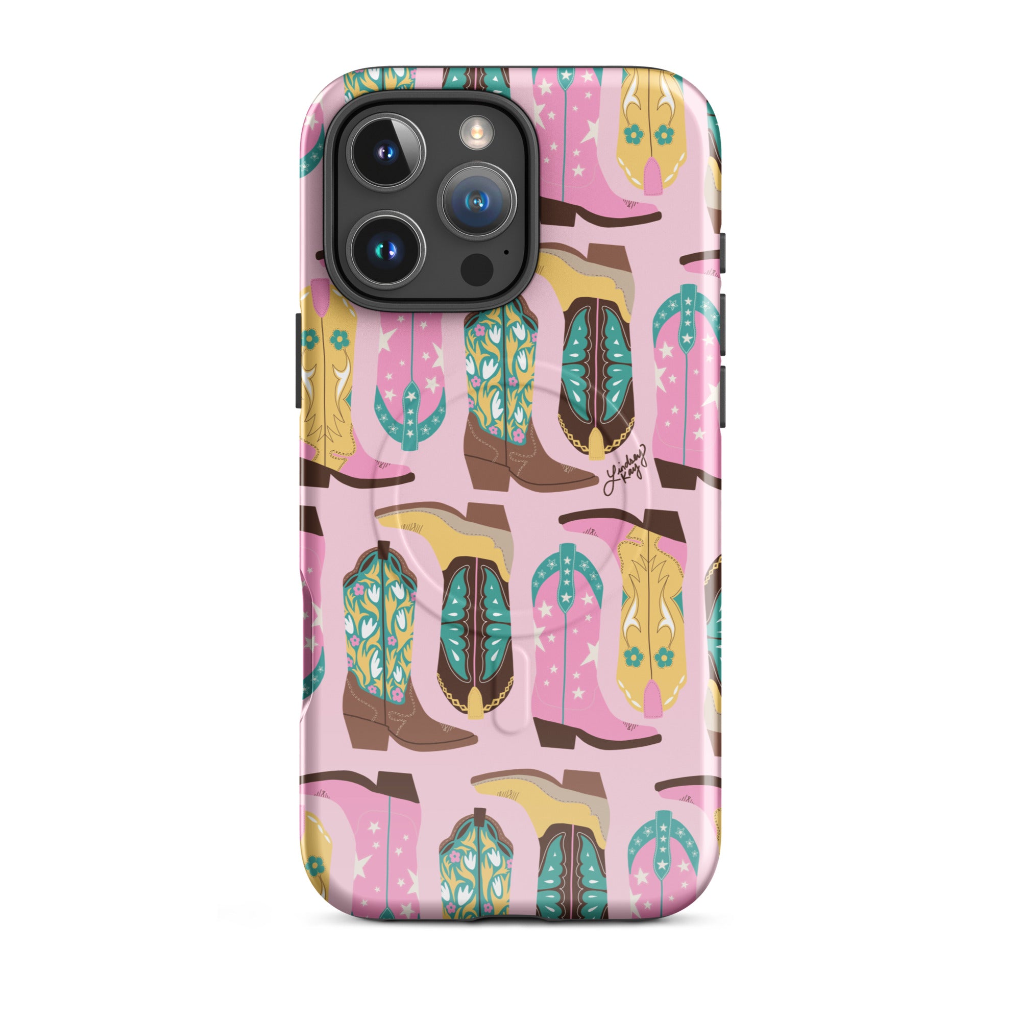 turquoise pink yellow cowgirl boots Magsafe Case tough phone case durable mobile accessories hand-drawn pattern lindsey kay collective trendy cute gift western colorful popular iphone 16 pro max