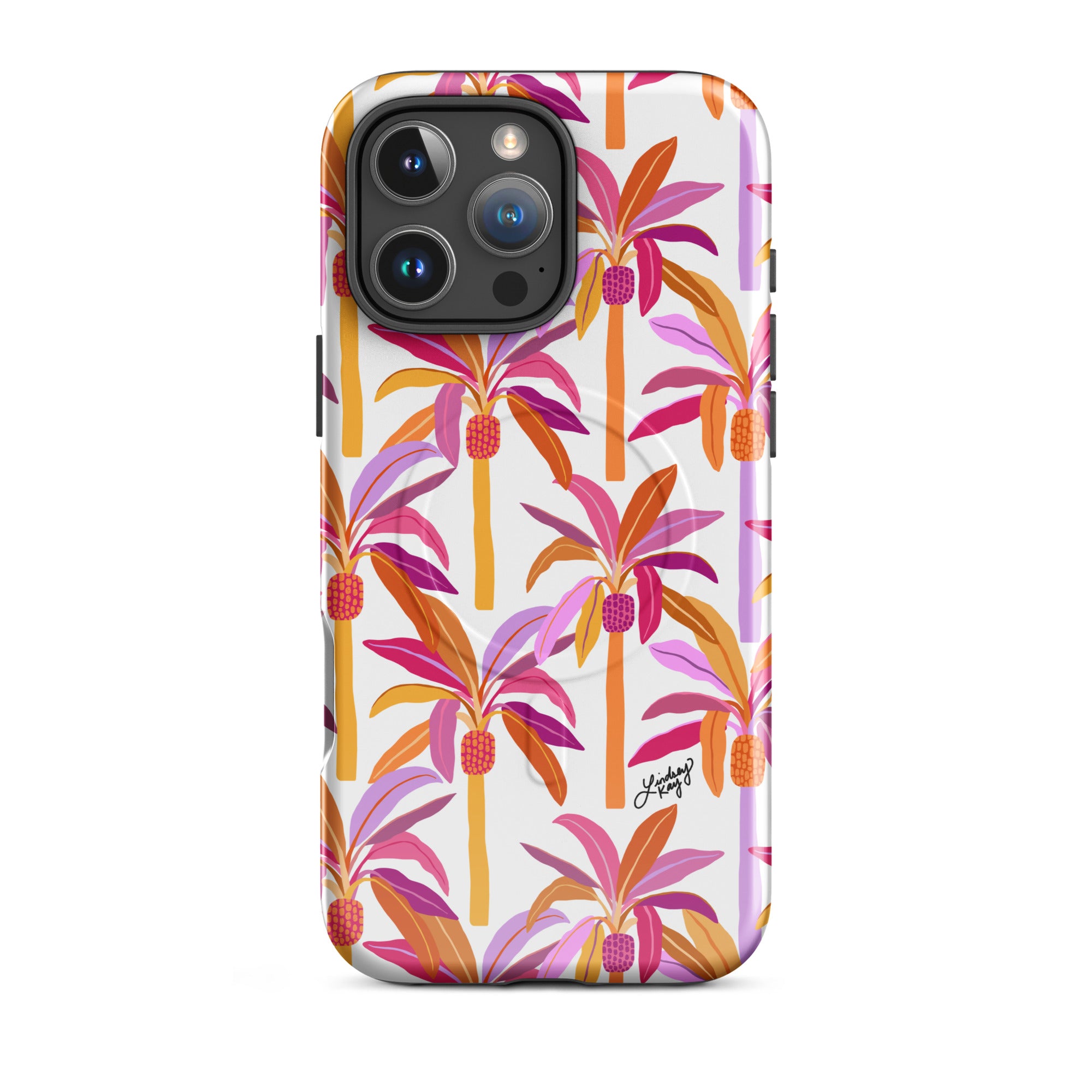 Colorful hand-drawn tropical palm tree magsafe iphone case with pink, orange, and purple leaves on a dark background – fun, girly, vibrant design by Lindsey Kay Collective