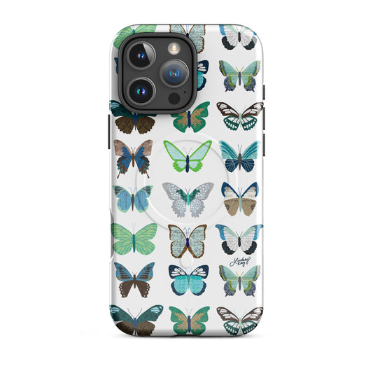 Cute and durable Magsafe iPhone case with a hand-drawn cute green and blue butterflies pattern in red, perfect for summer with a fun, girly, and trendy retro vibe.