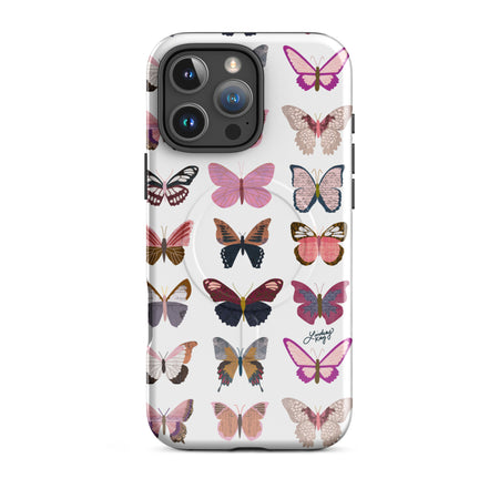 Cute and durable Magsafe iPhone case with a hand-drawn cute pink and purple butterflies pattern in red, perfect for summer with a fun, girly, and trendy retro vibe.
