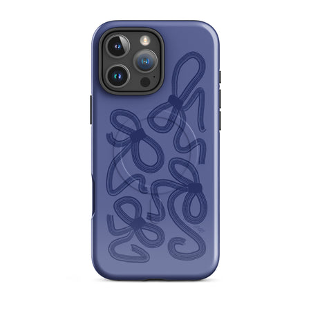 iPhone case featuring a hand-illustrated abstract navy ribbon pattern on a matte finish; MagSafe-compatible with a tough dual-layer design, styled for a preppy, girly aesthetic.
