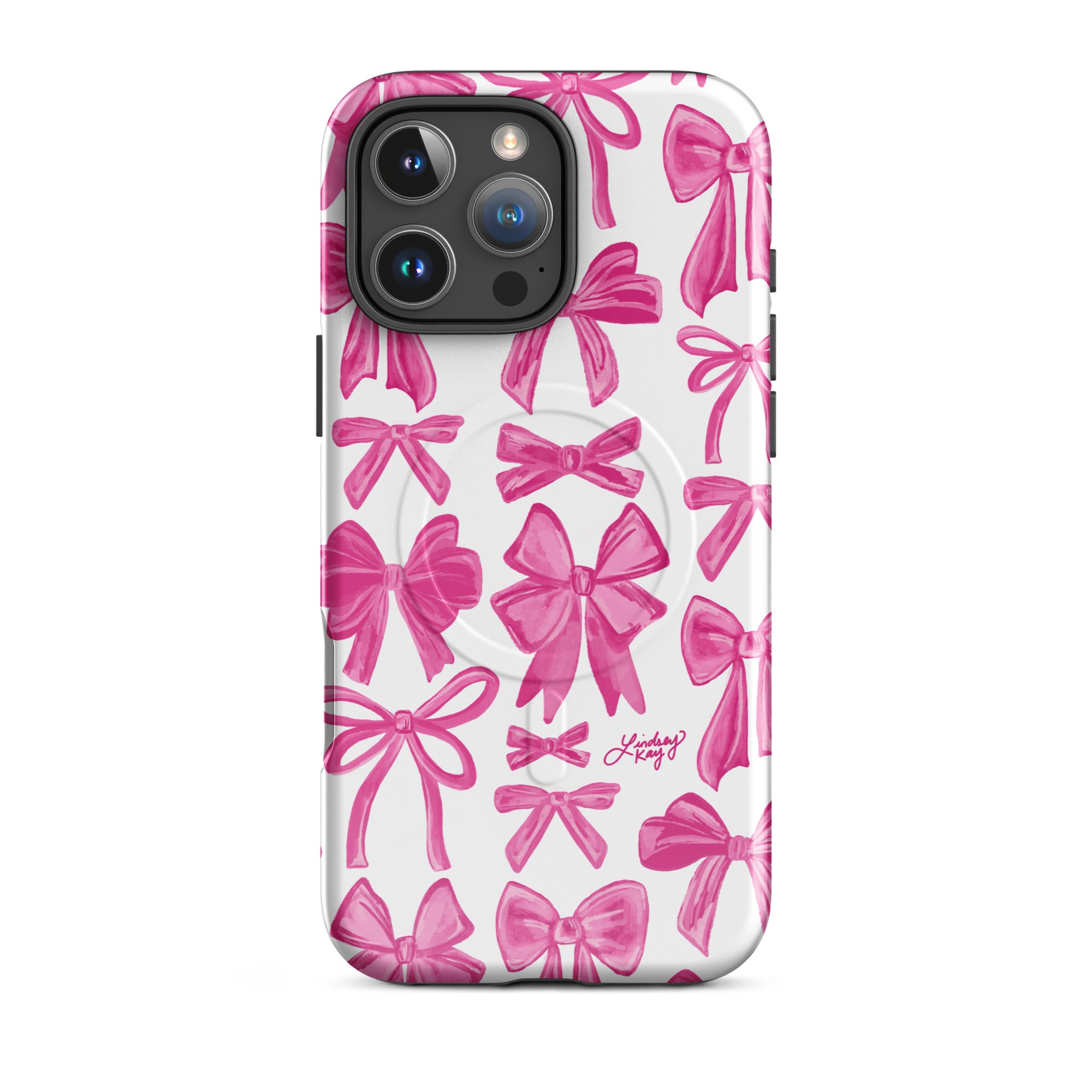 Pink coquette iPhone case with hand-drawn ribbon pattern; MagSafe-compatible, durable protective phone case for girly girls, feminine aesthetic lovers, and trendy iPhone accessory shoppers.