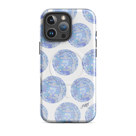 Blue disco ball iPhone case with hand-drawn retro pattern; MagSafe-compatible protective phone case for trendy girls, Y2K aesthetic lovers, vibrant and fun iPhone accessories, bold girly phone case with 2000s disco vibes, made in the USA.