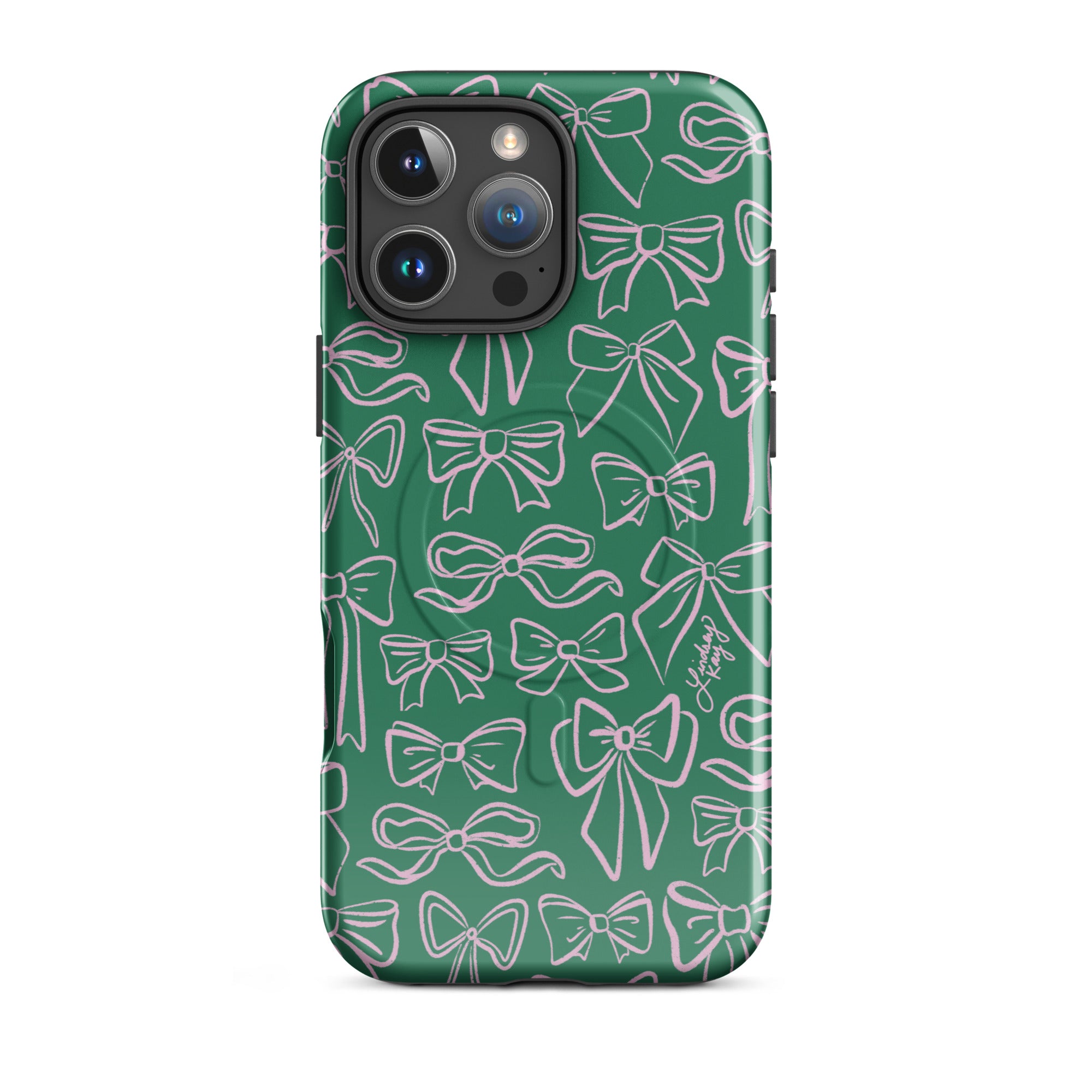 Green and pink MagSafe iPhone case with hand-drawn ribbon pattern – aesthetic girly phone case for bold personalities, trendy Gen Z style, and cute protective iPhone accessories