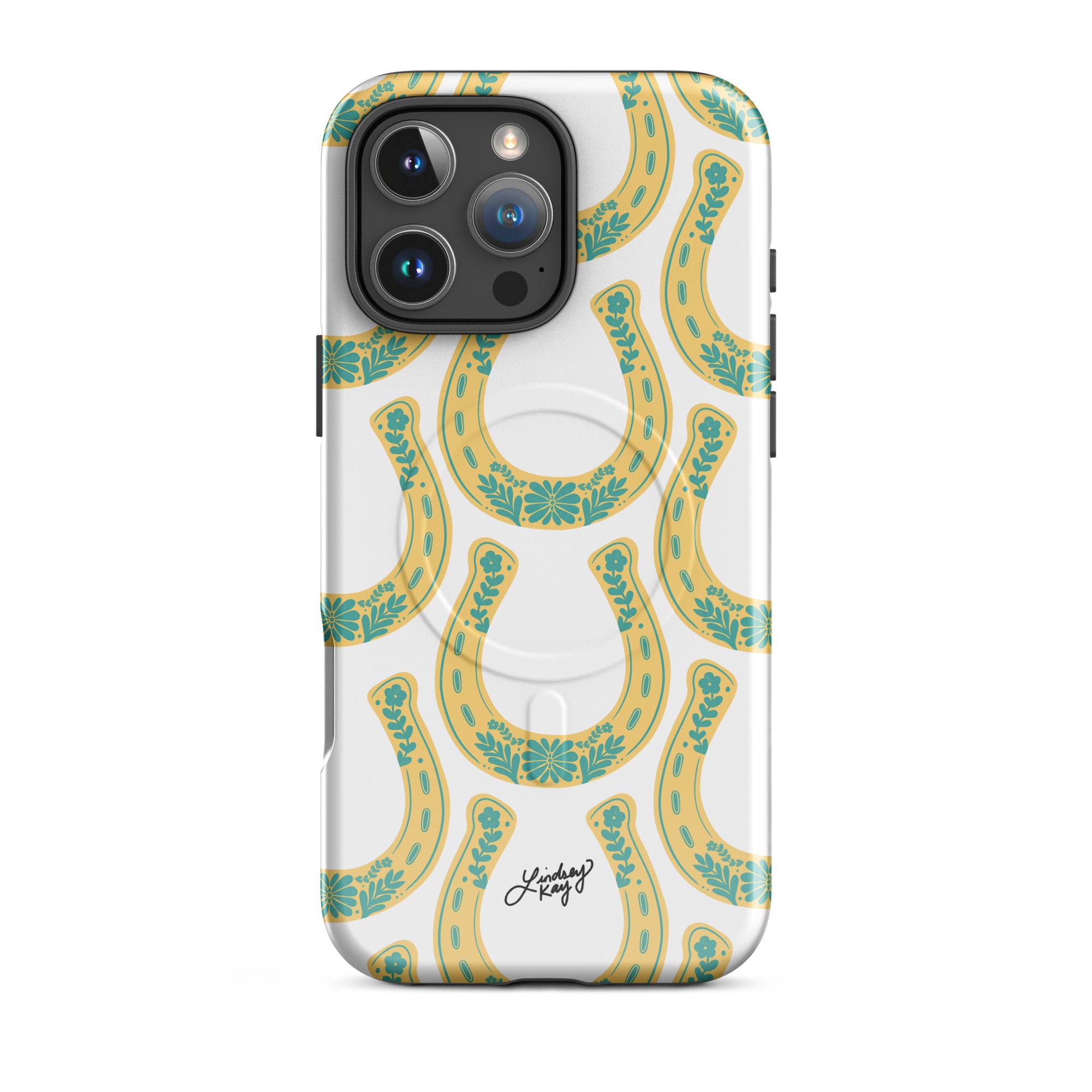 MagSafe iPhone case with hand-illustrated yellow and teal horseshoe pattern – unique Western-inspired protective phone case for colorful personalities and aesthetic iPhone accessories