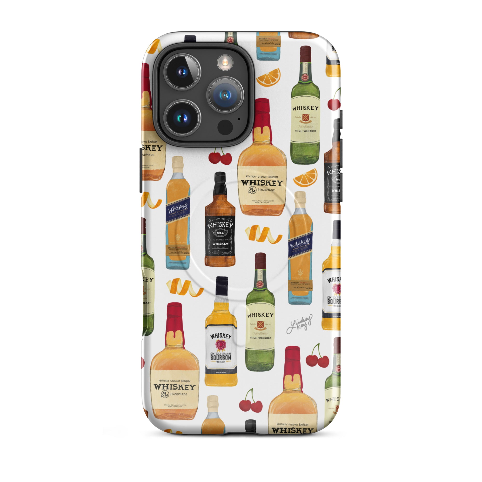 MagSafe iPhone case with hand-illustrated whiskey bottle pattern – vintage-inspired protective phone case for whiskey lovers, barware aesthetic fans, and bold iPhone accessories