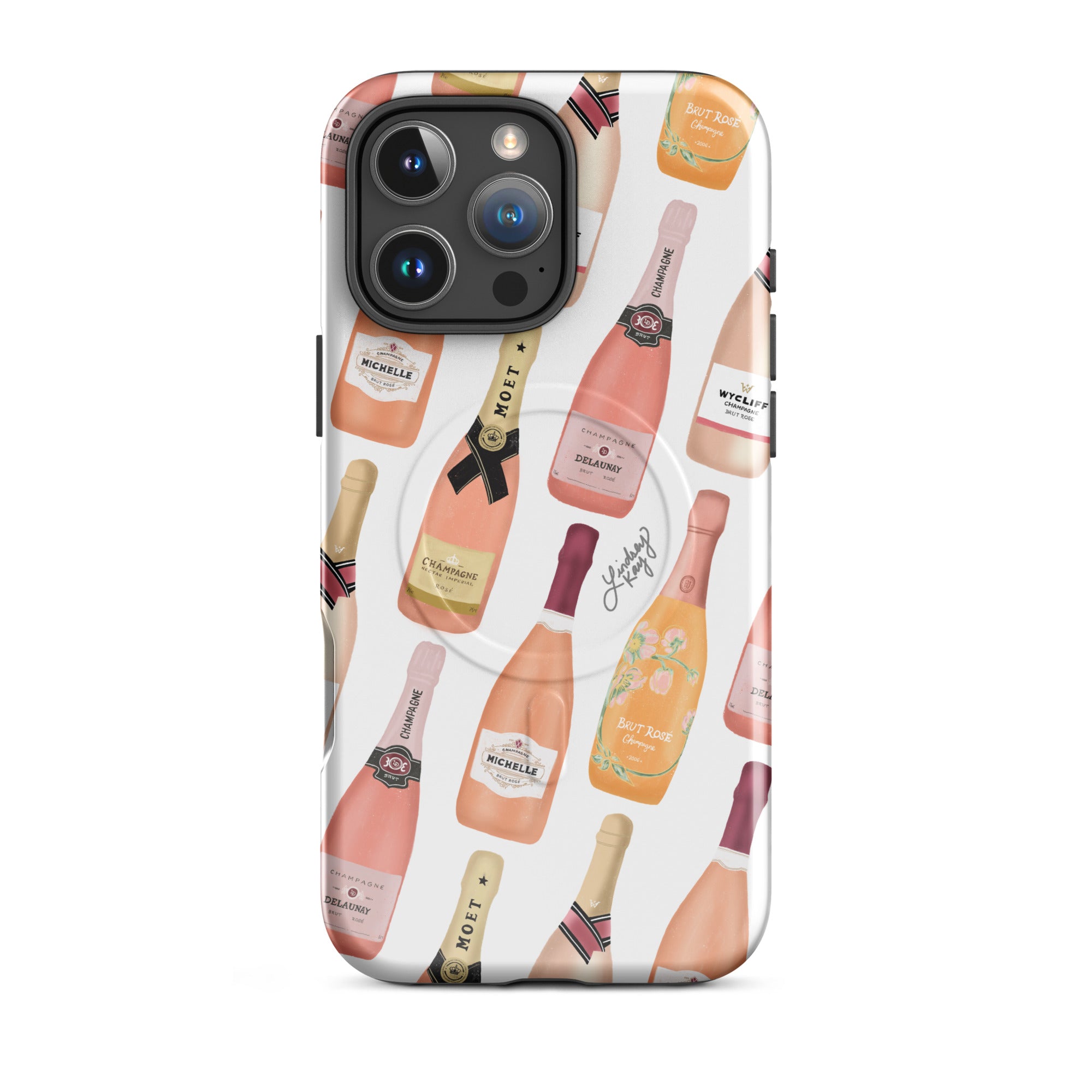 MagSafe iPhone case with hand-illustrated rosé champagne bottle pattern – feminine and fun protective phone case for party lovers, brunch vibes, and cute aesthetic accessories