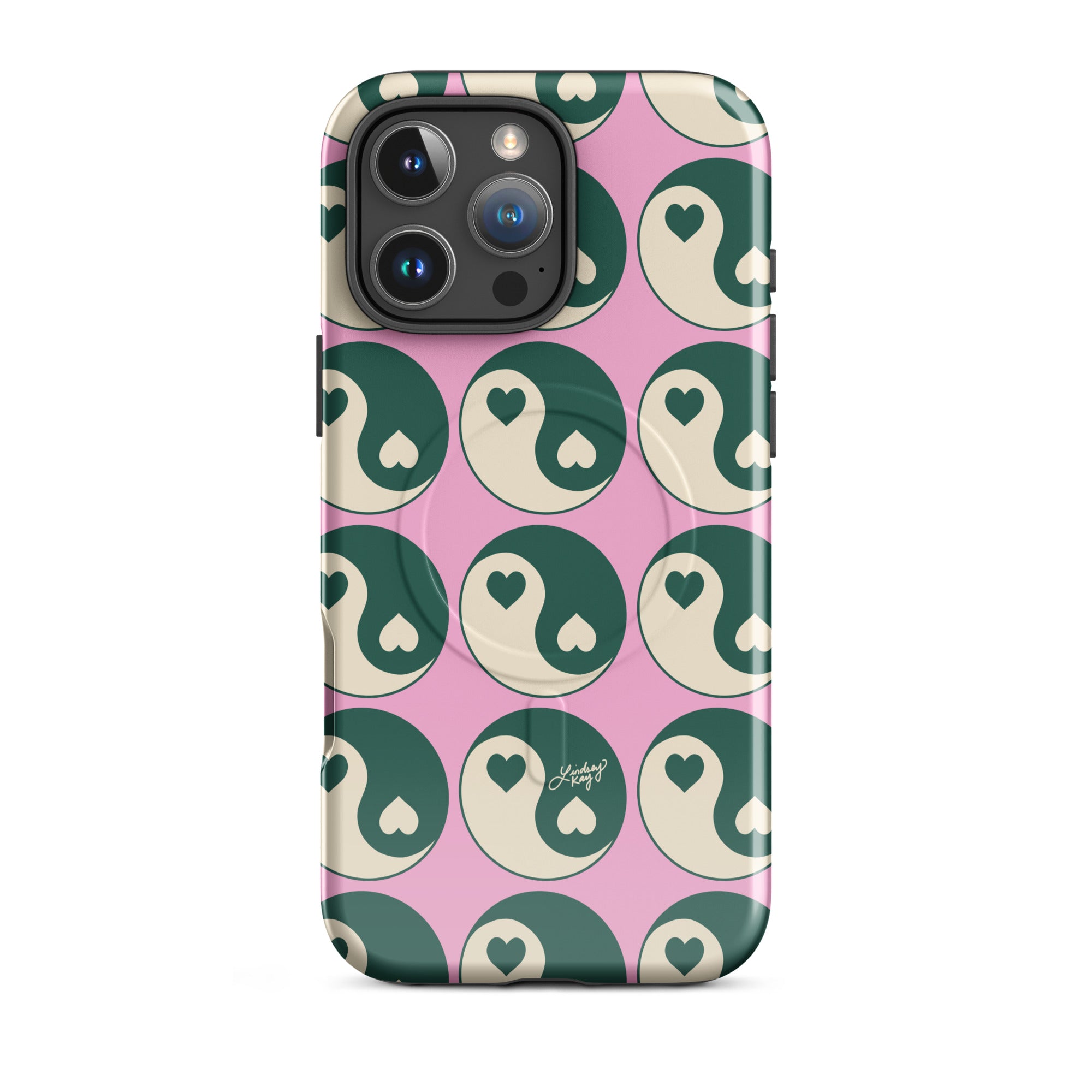 MagSafe iPhone case with pink, green, and white yin-yang heart design – durable and trendy phone case for stylish girls, summer aesthetic, Y2K vibes, and wireless charging compatibility
