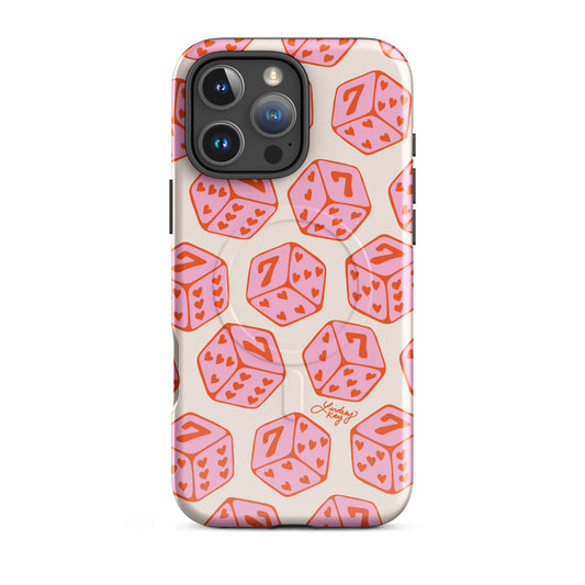 Retro-style iPhone case with pink heart dice and 777 lucky design, hand-illustrated for bold style