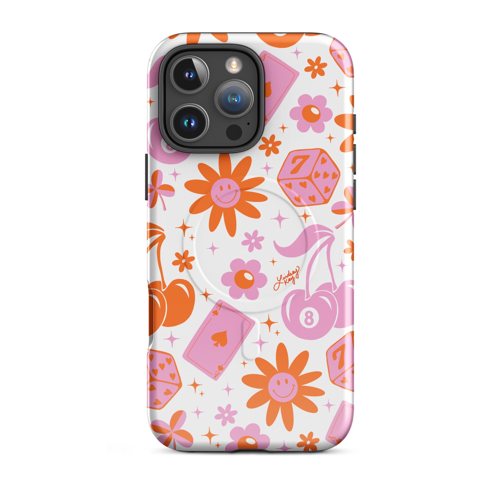 Retro MagSafe iPhone case with hand-illustrated cherries, smiley flowers, dice, hearts, and stars in a colorful pattern