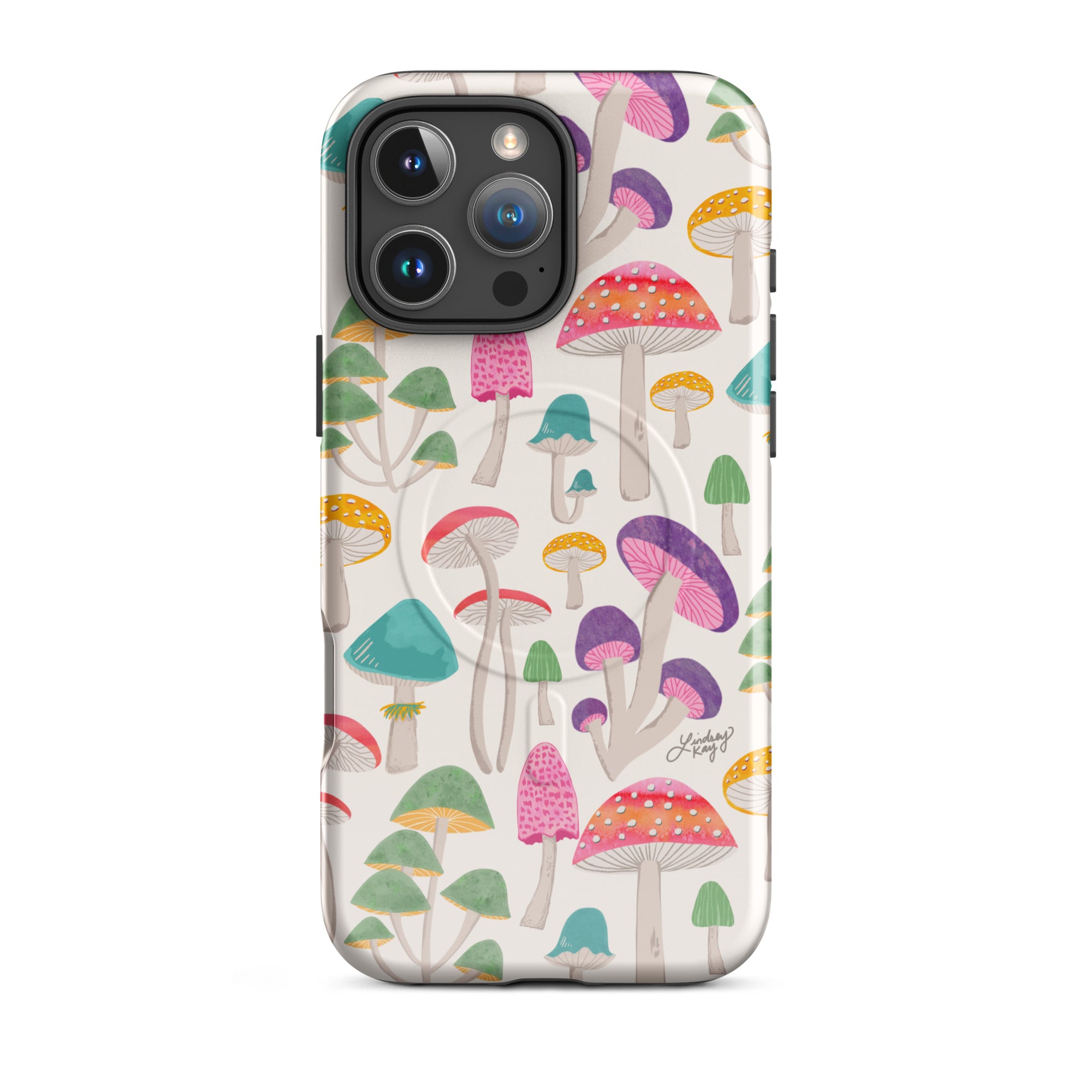 Colorful hand illustrated mushrooms magsafe iphone case by Lindsey Kay Collective. Retro 70s-inspired design perfect for outdoorsy, nature-loving style. Durable, slim fit case available in all Samsung sizes. Unique boho tech accessory from a female-owned small business.