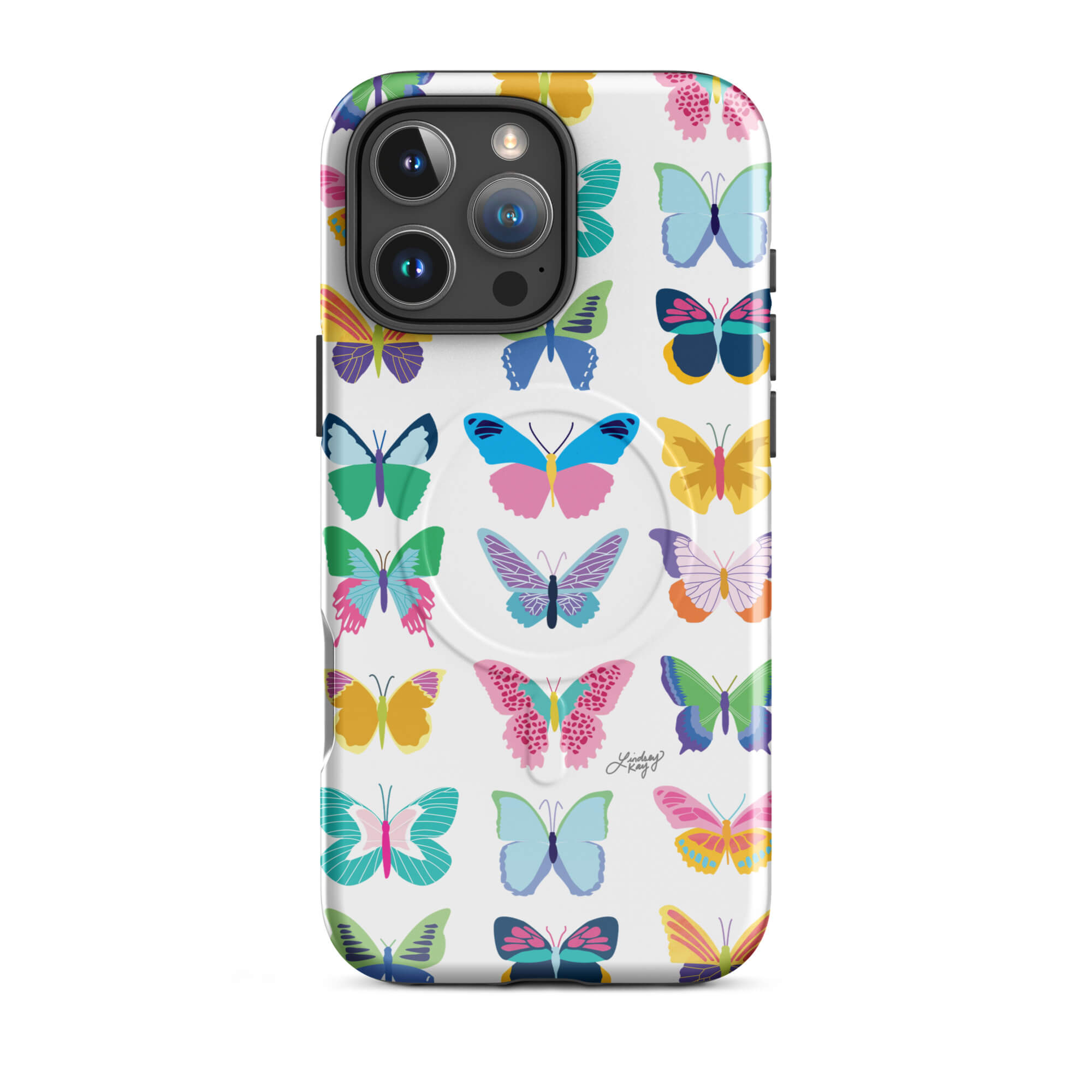 Hand-illustrated rainbow butterfly iPhone case – colorful girly design, durable MagSafe cover by Lindsey Kay Collective
