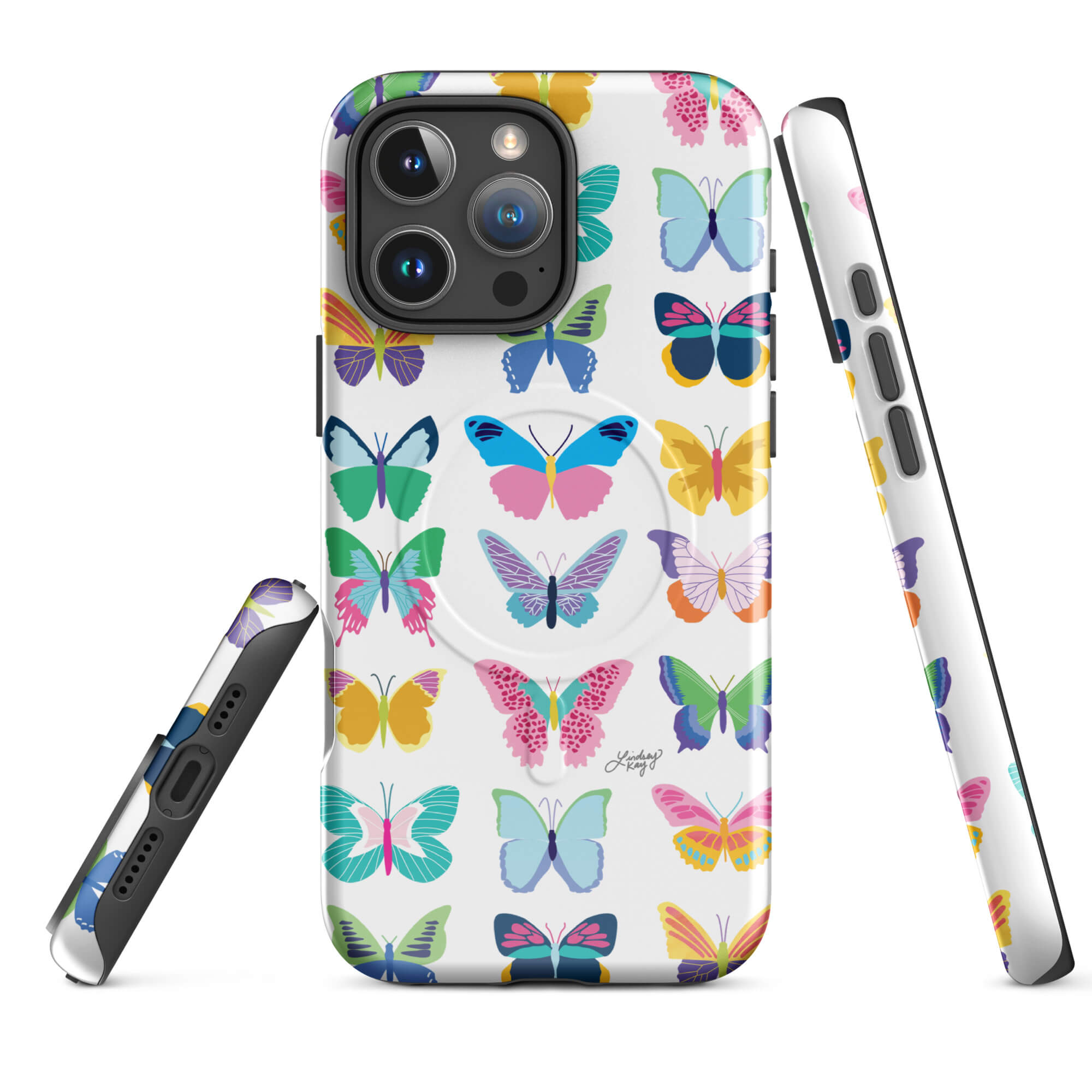 Hand-illustrated rainbow butterfly iPhone case – colorful girly design, durable MagSafe cover by Lindsey Kay Collective