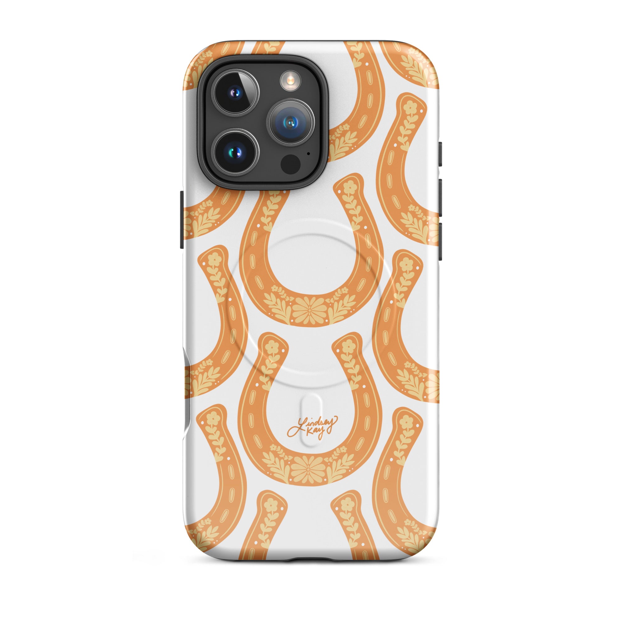 Brighten up your phone with this bold western iPhone case patterned with hand-illustrated orange horseshoes. Durable, lightweight, and the perfect retro girly lucky charm.