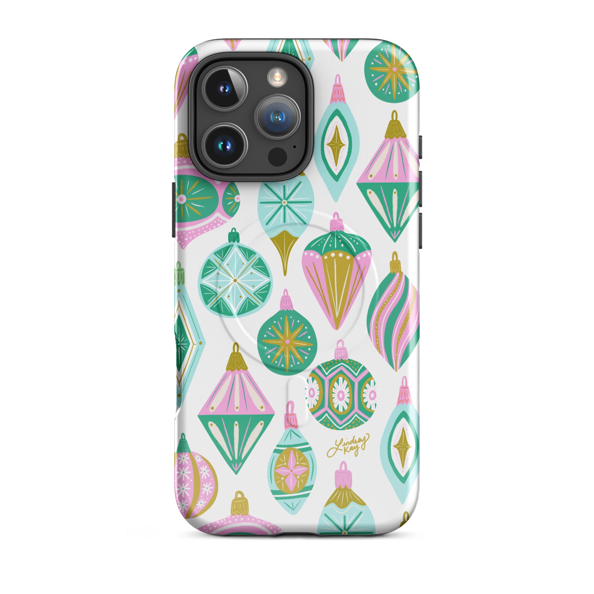 Hand-drawn retro Christmas ornament iPhone case in pastel green, pink, blue, and gold. Festive holiday phone case available in Clear, Tough, MagSafe Clear, and MagSafe Tough for iPhone 11 through iPhone 17. Durable, protective, and illustrated by Lindsey Kay Collective — female-owned small business, no AI used.