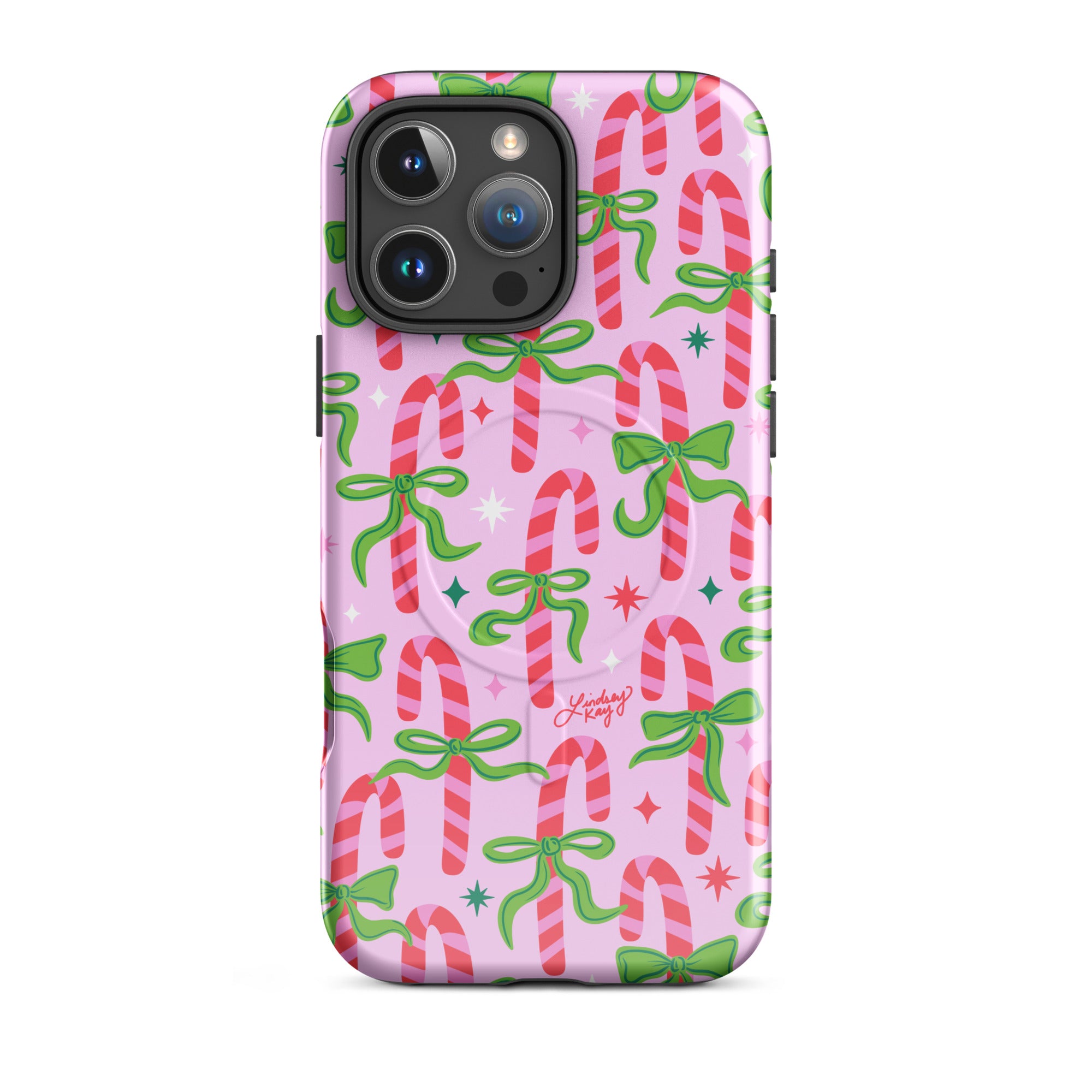 Hand-drawn festive candy cane iPhone case with ribbons in bright greens, pinks, and reds. Holiday phone case for girly, festive style. Available in Clear, Tough, MagSafe Clear, and MagSafe Tough for iPhone 11–17. Hand-illustrated by Lindsey Kay Collective — female-owned small business, no AI used.”