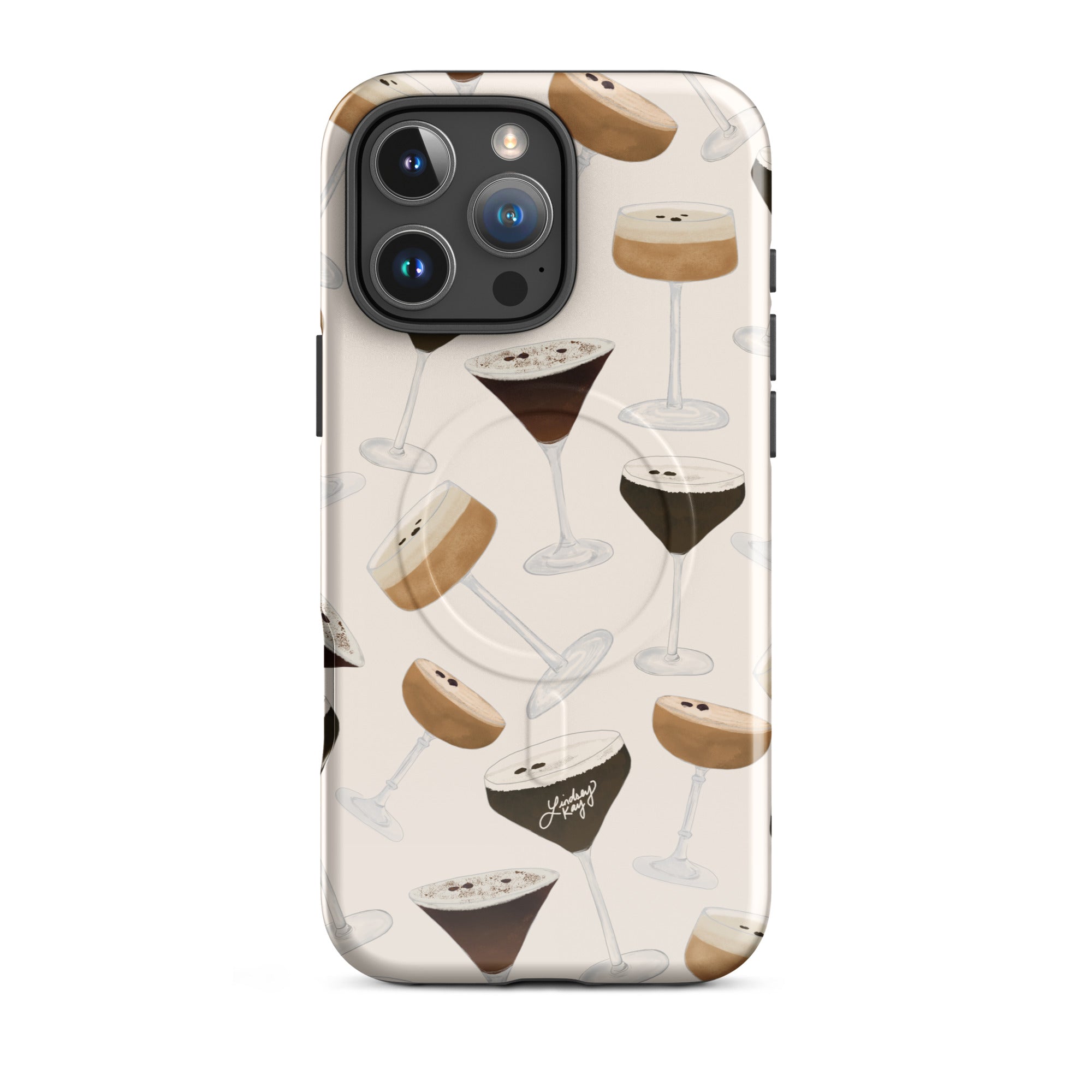 Fall espresso martini iPhone case – hand-illustrated autumn cocktail design, durable MagSafe cover by Lindsey Kay Collective