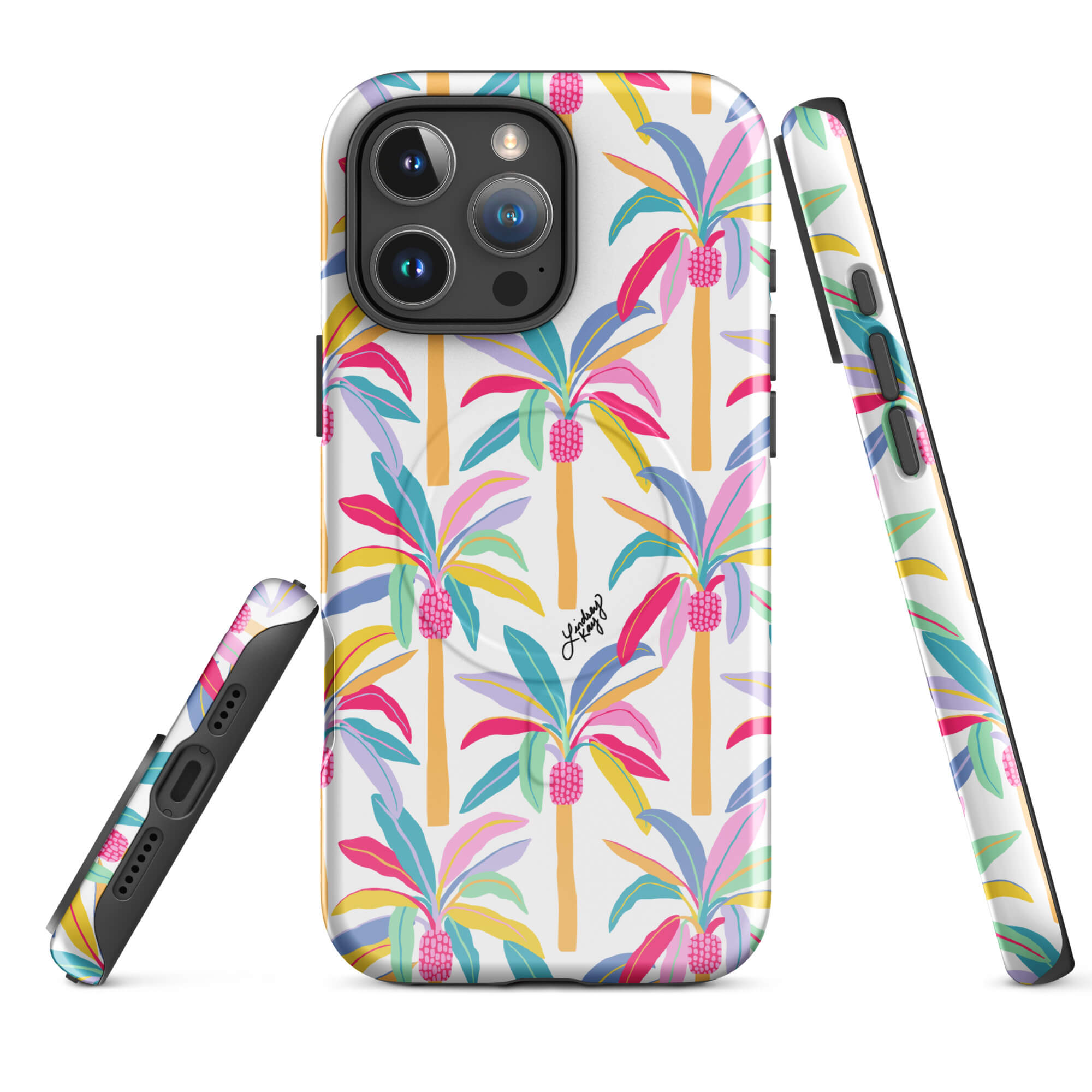 Pastel hand illustrated palm tree iPhone case – durable MagSafe phone case with tropical retro girly design by Lindsey Kay Collective