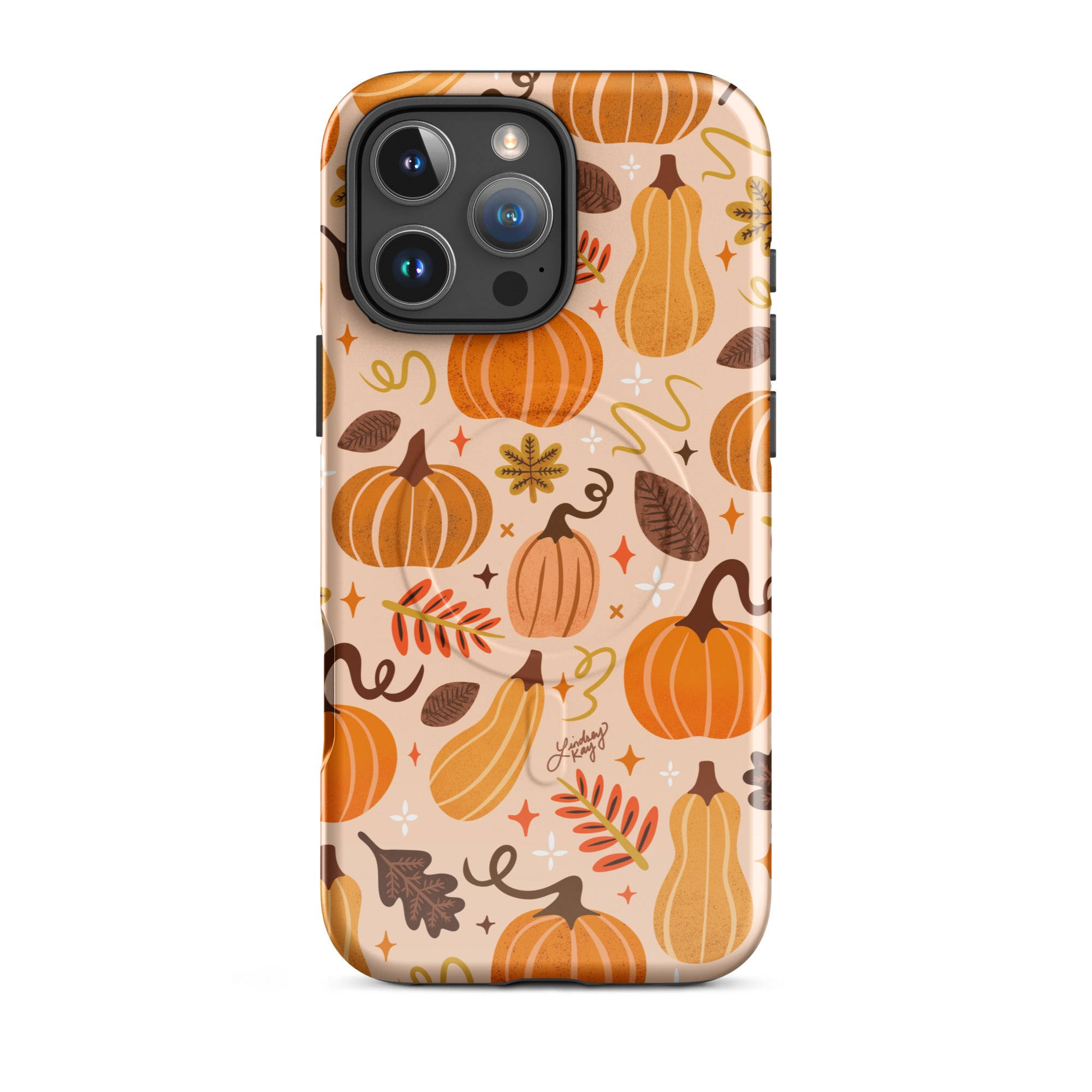 Hand-illustrated fall pumpkin iPhone case – autumn leaves pattern, durable MagSafe cover by Lindsey Kay Collective