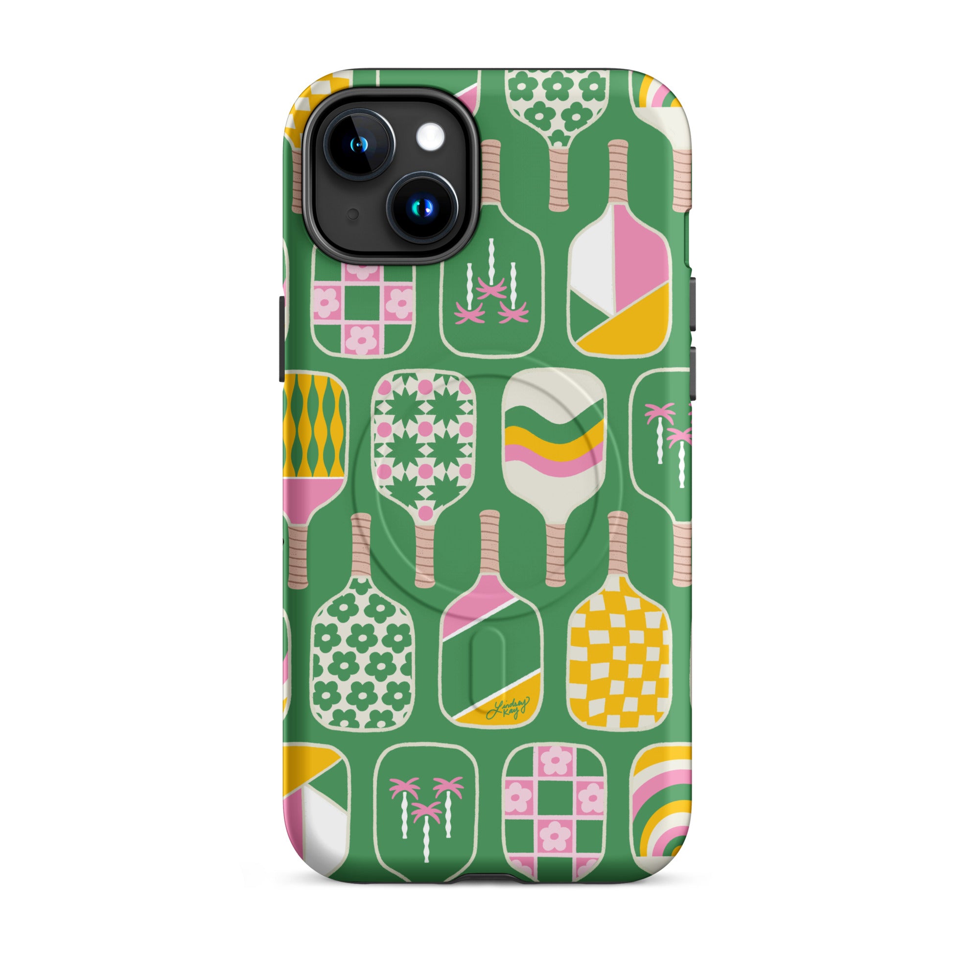 pink green yellow pickleball paddle pattern iphone case magsafe clear durable phone-case cute trendy sporty sorority girly retro lindsey kay collective