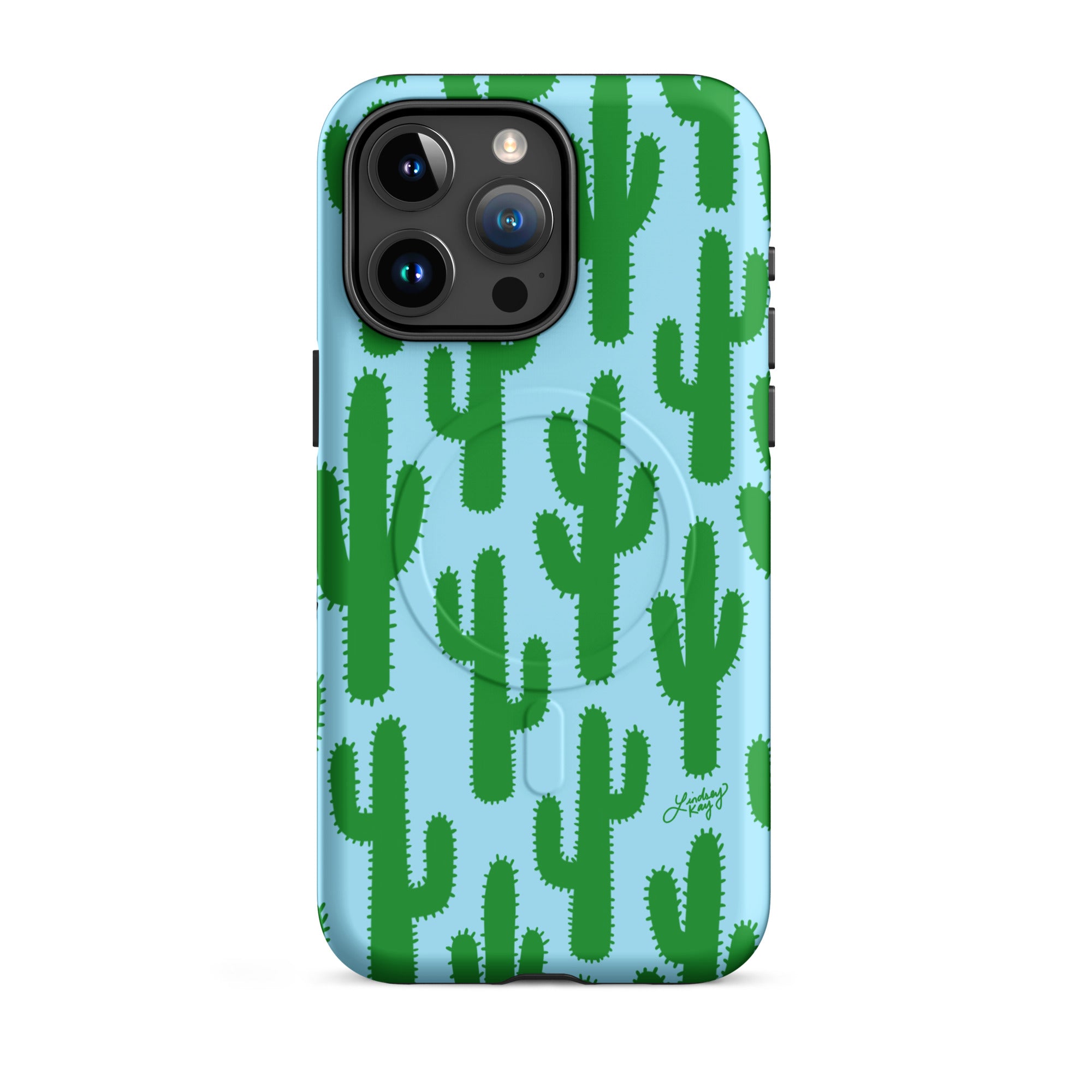 pattern cactus blue green desert iphone magsafe phone case cute trendy girly preppy retro fun lindsey kay collective mobile accessories protective sturdy mag safe