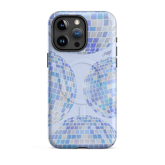 Retro blue disco ball tough iPhone case — hand-illustrated by Lindsey Kay Collective. Durable, shockproof MagSafe or regular case with vibrant inks. Perfect for retro girly style and unique phone protection.