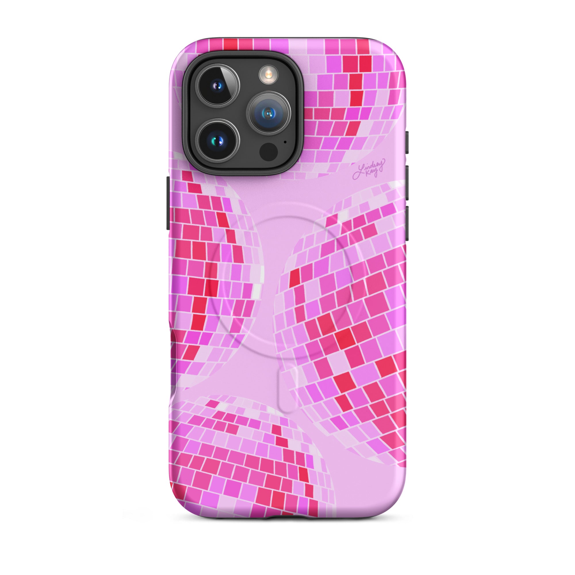 Pink disco balls iphone magsafe phone case cute trendy girly preppy retro fun lindsey kay collective mobile accessories protective sturdy mag safe