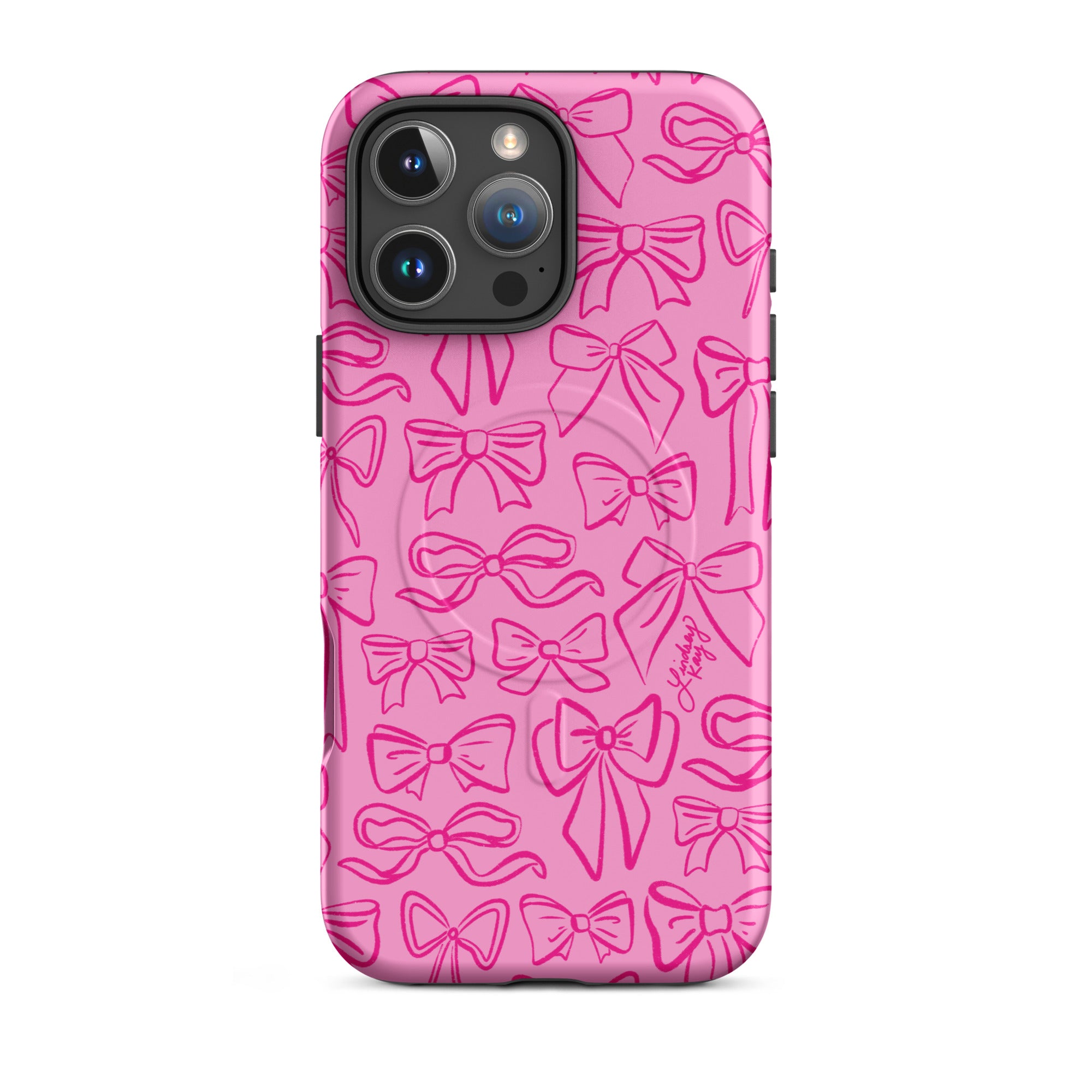 Pink ribbons pattern iphone magsafe phone case cute trendy girly preppy retro fun lindsey kay collective mobile accessories protective sturdy mag safe iphone 15 pro max