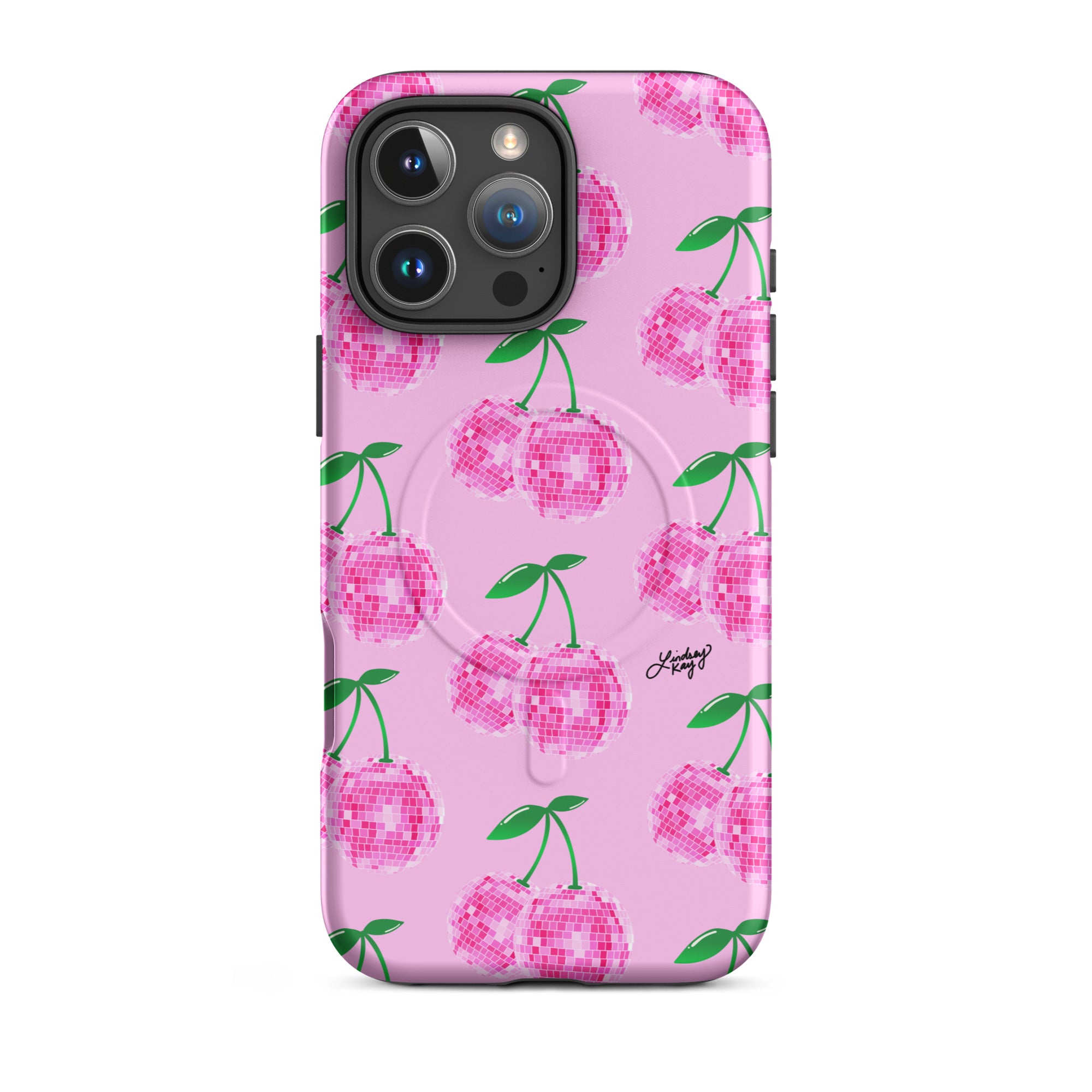 pink disco ball cherries patterned iphone magsafe case cover protective mobile accessories durable cute trendy retro girly preppy lindsey kay collective