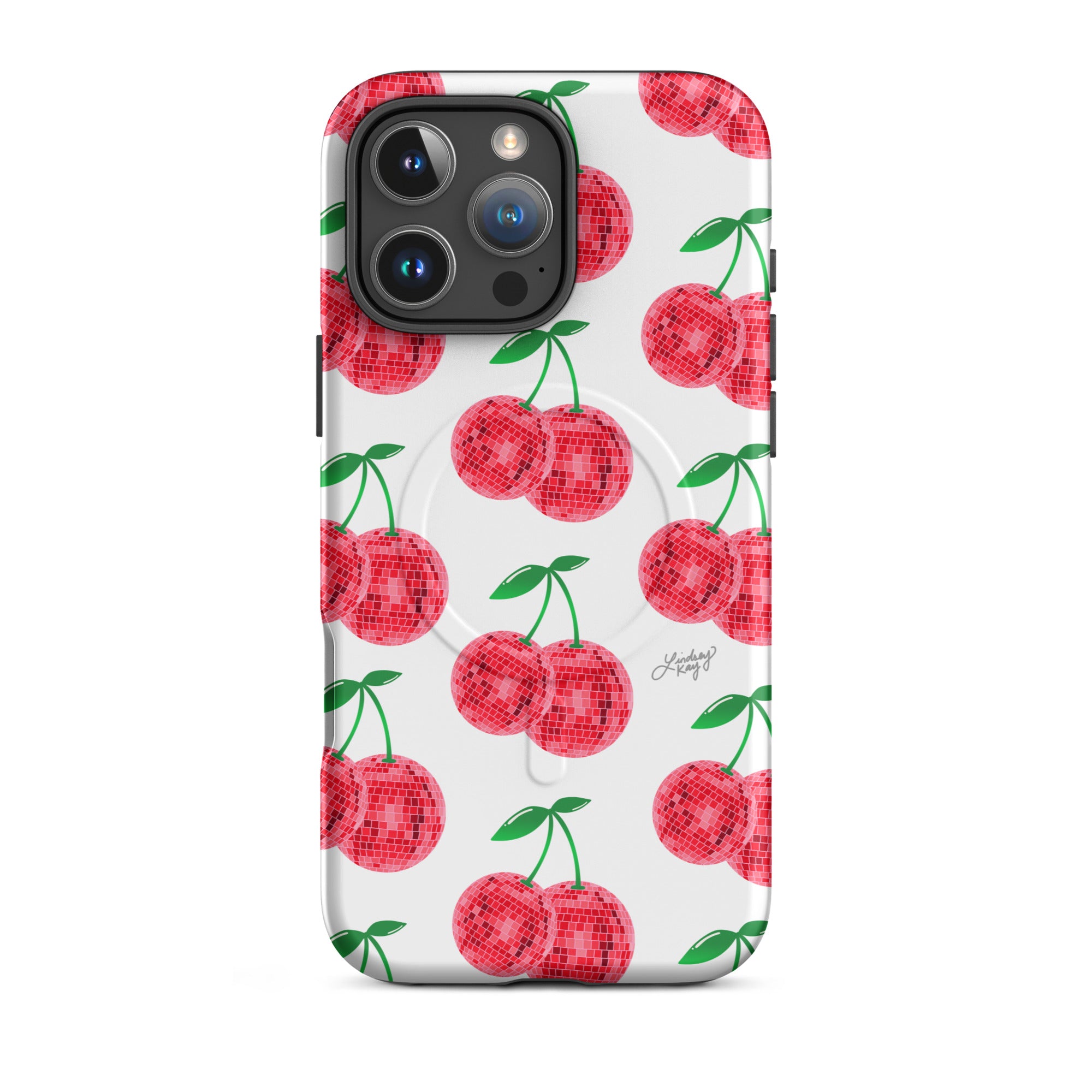 red disco ball cherries patterned iphone magsafe case cover protective mobile accessories durable cute trendy retro girly preppy lindsey kay collective