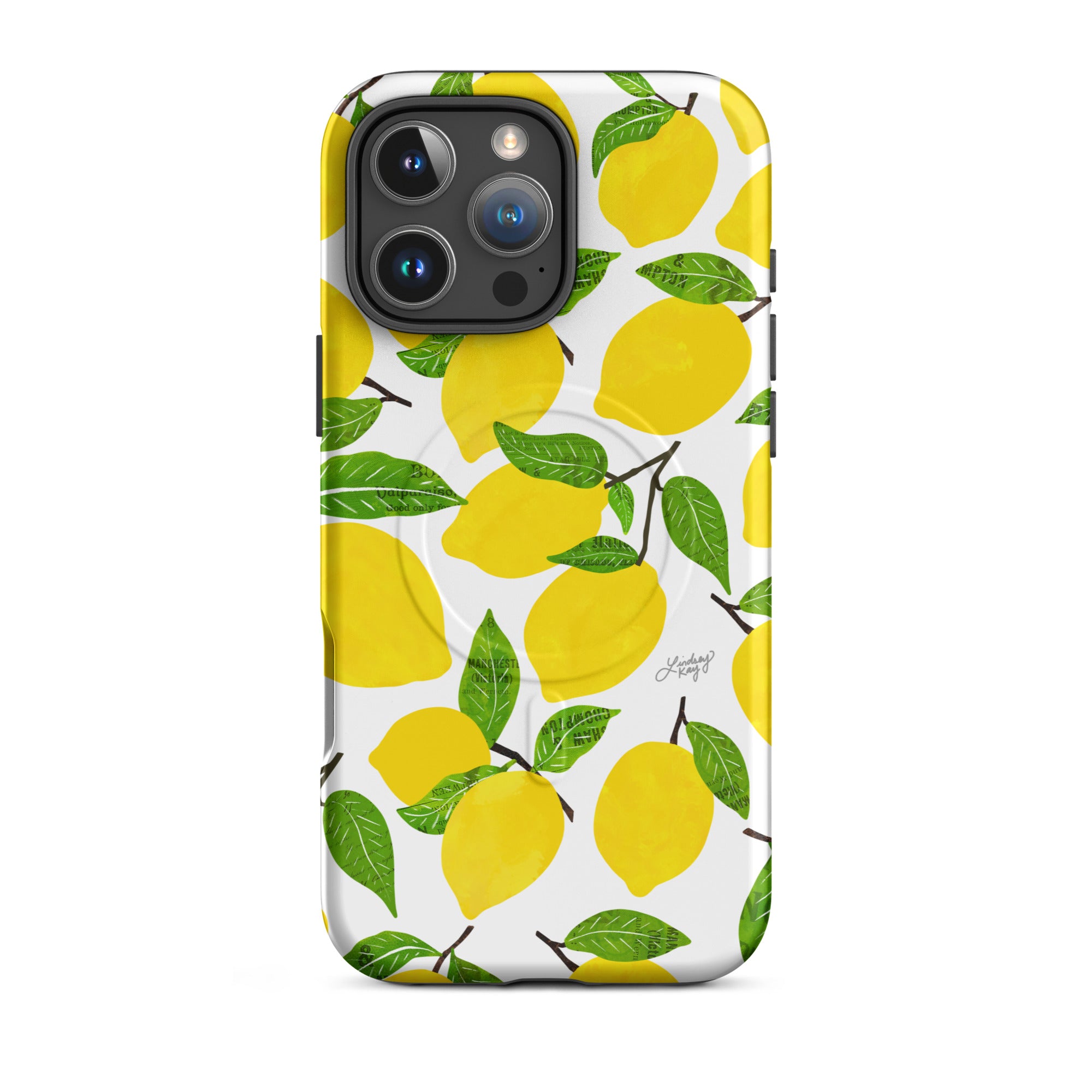 Illustrated lemons pattern iPhone MagSafe case phone cover durable tough cute trendy fruit yellow Lindsey Kay collective iPhone 16 pro max