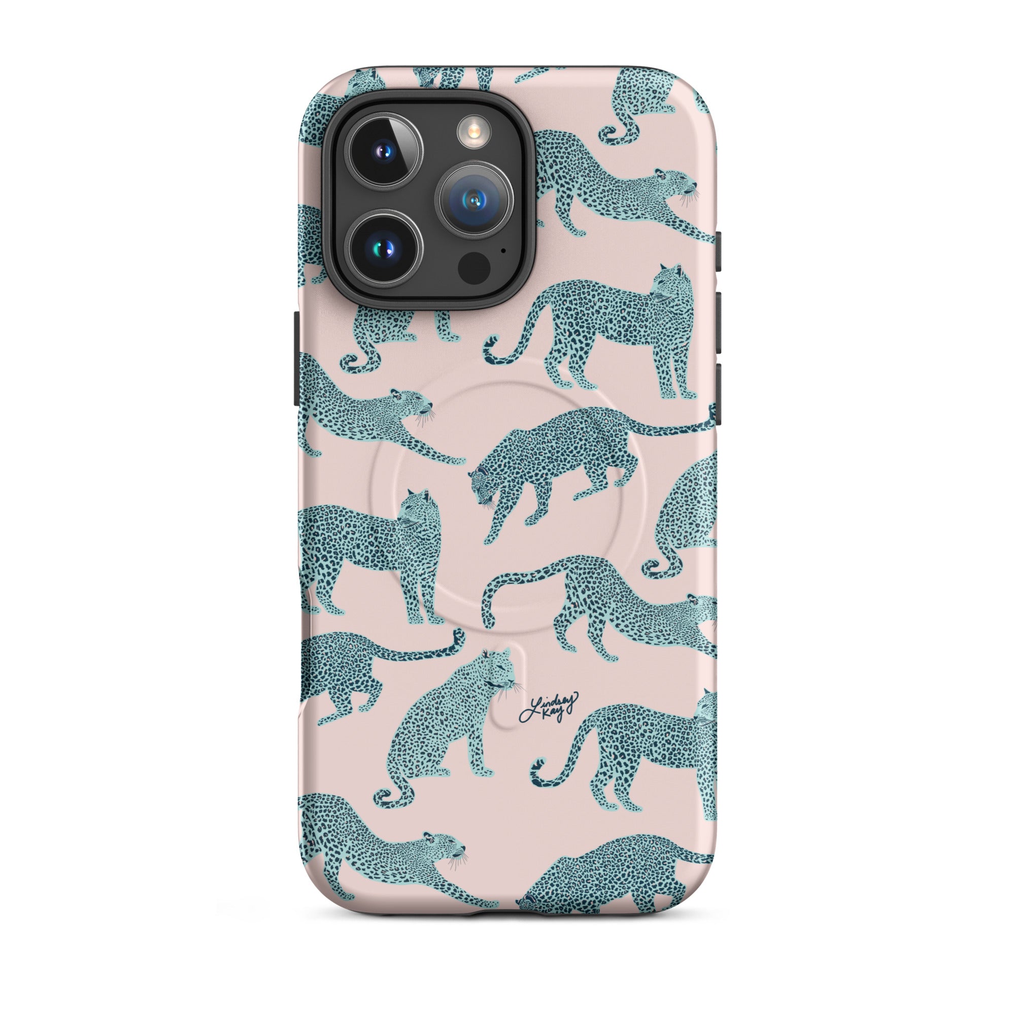 Stylish MagSafe iPhone case with pink background and blue leopard pattern, designed by Lindsey Kay Collective – modern animal print phone accessory for Apple devices.