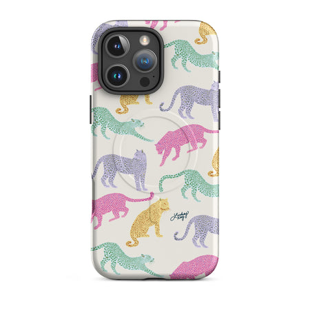 Stylish MagSafe iPhone case in a multi colored leopard pattern, designed by Lindsey Kay Collective – modern animal print phone accessory for Apple devices.