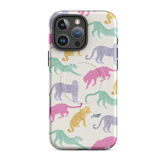 Stylish MagSafe iPhone case in a multi colored leopard pattern, designed by Lindsey Kay Collective – modern animal print phone accessory for Apple devices.