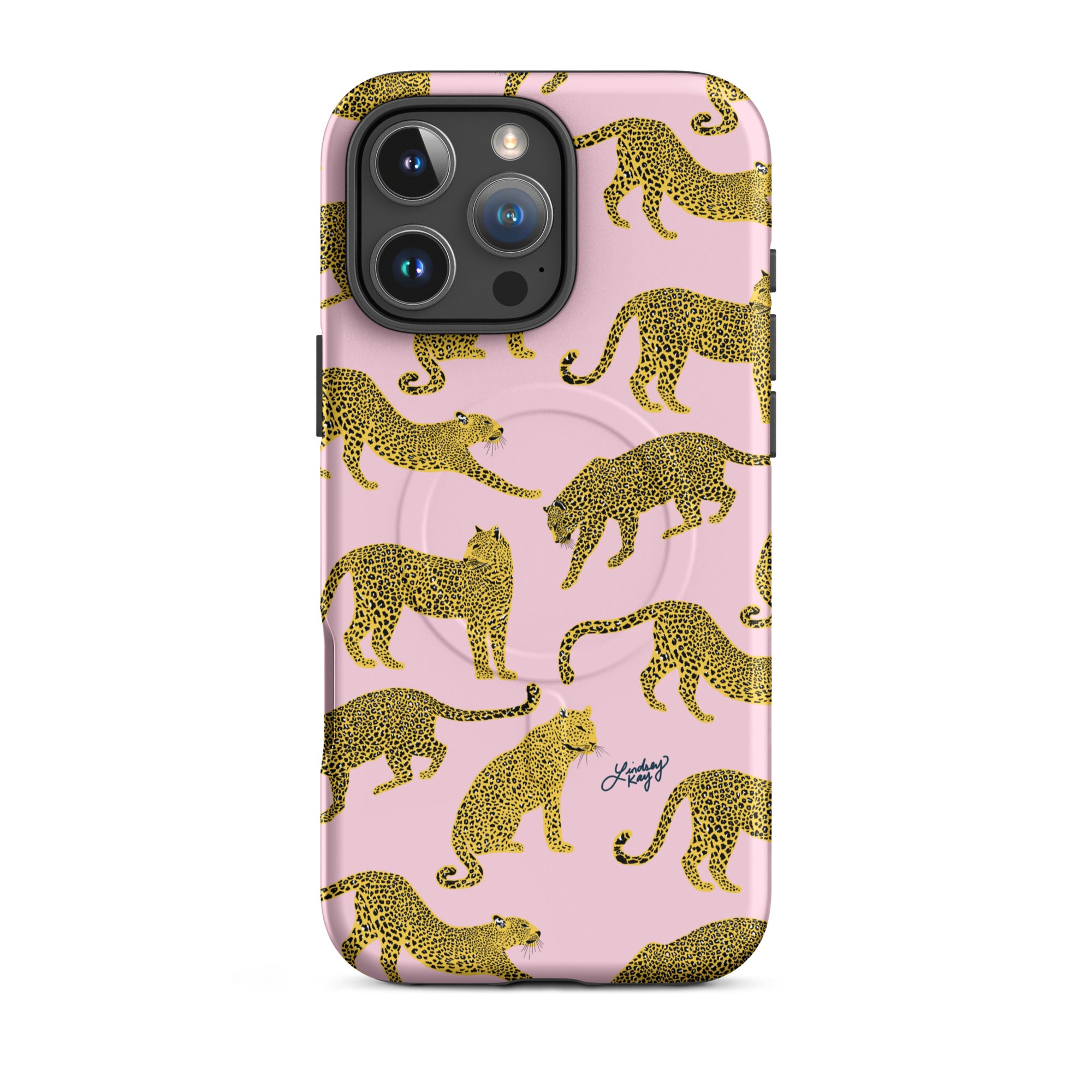 Stylish MagSafe iPhone case with pink background and yellow leopard pattern, designed by Lindsey Kay Collective – modern animal print phone accessory for Apple devices.
