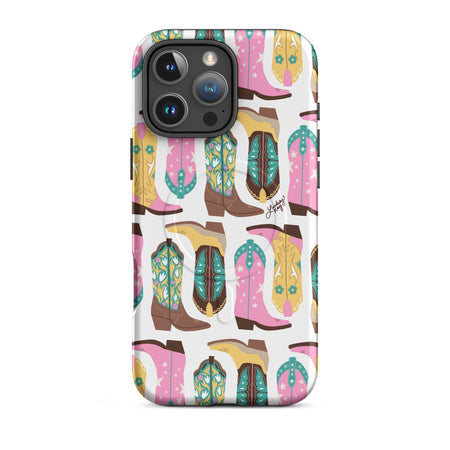 Stylish MagSafe iPhone case with pink and turquoise cowgirl boots, designed by Lindsey Kay Collective – modern western print phone accessory for Apple devices.