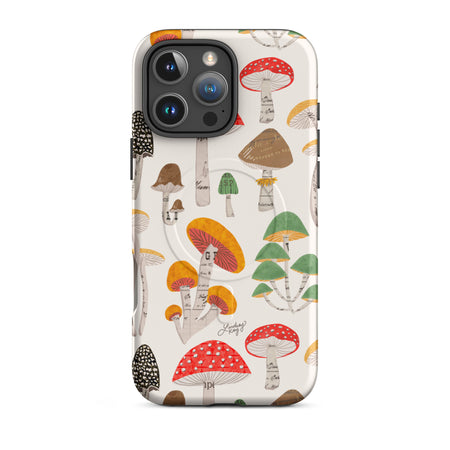 Stylish MagSafe iPhone case with illustrated neutral tone mushrooms pattern, designed by Lindsey Kay Collective – modern print phone accessory for Apple devices.