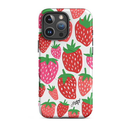 Stylish MagSafe iPhone case with pink and red illustrated strawberries pattern, designed by Lindsey Kay Collective – modern fruit print phone accessory for Apple devices.
